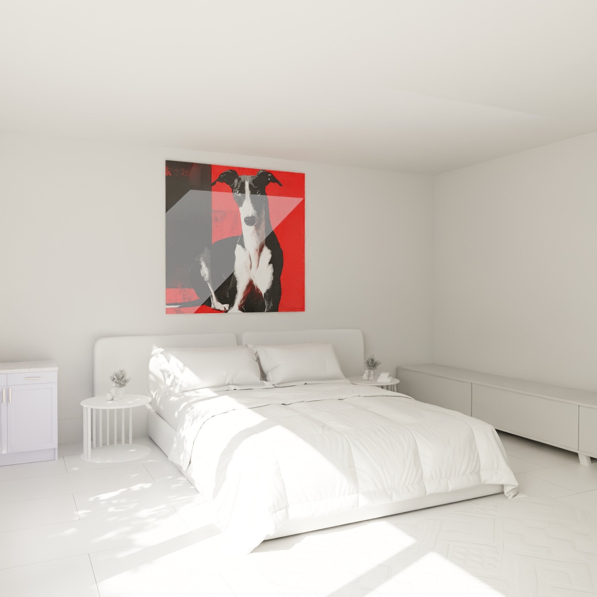 Decoration chambre tableau levrier whippet rouge noir blanc art mural moderne portrait chien elegant