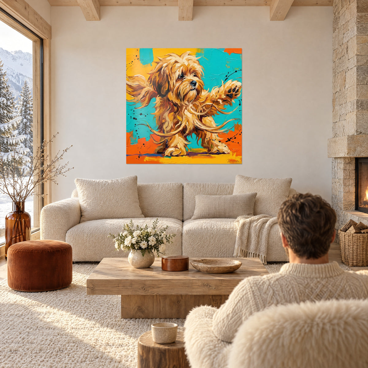 Πίνακας σκύλου Lhasa Apso με χρυσαφένιο ανεμιζόμενο τρίχωμα, φόντο τυρκουάζ και πορτοκαλί, πάνω από καναπέ σε φωτεινό σαλόνι