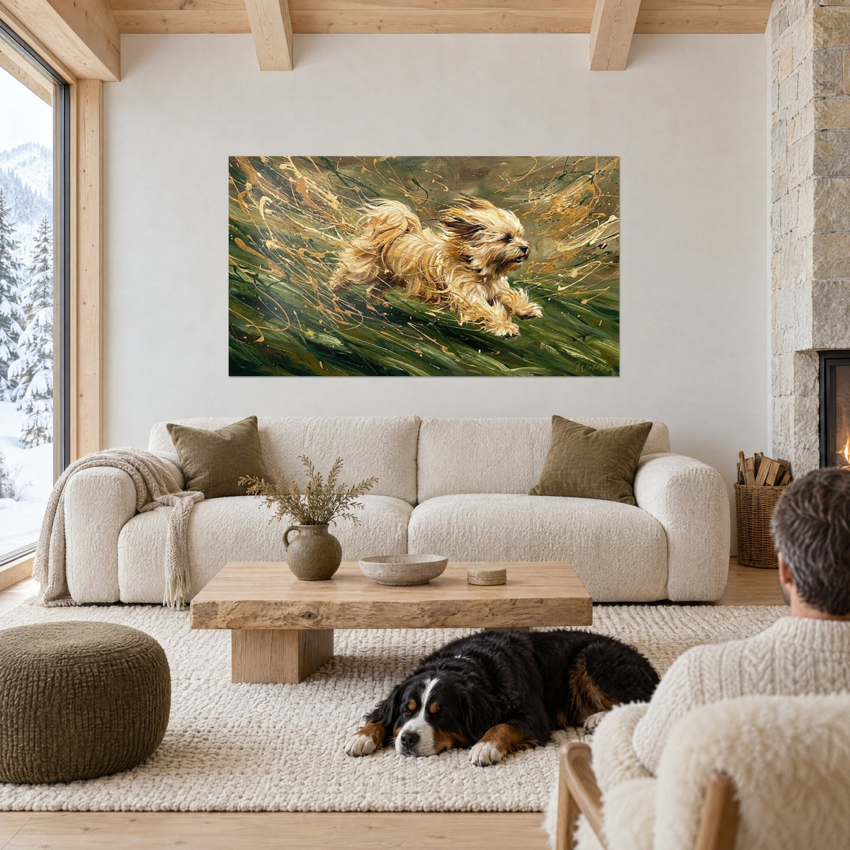 Gemälde Lhassa-Apso-Welpe mit goldenem Fell, der über grünes Gras jagt, ockerfarbene Spritzer, über einem Sofa in einem hellen Wohnzimmer