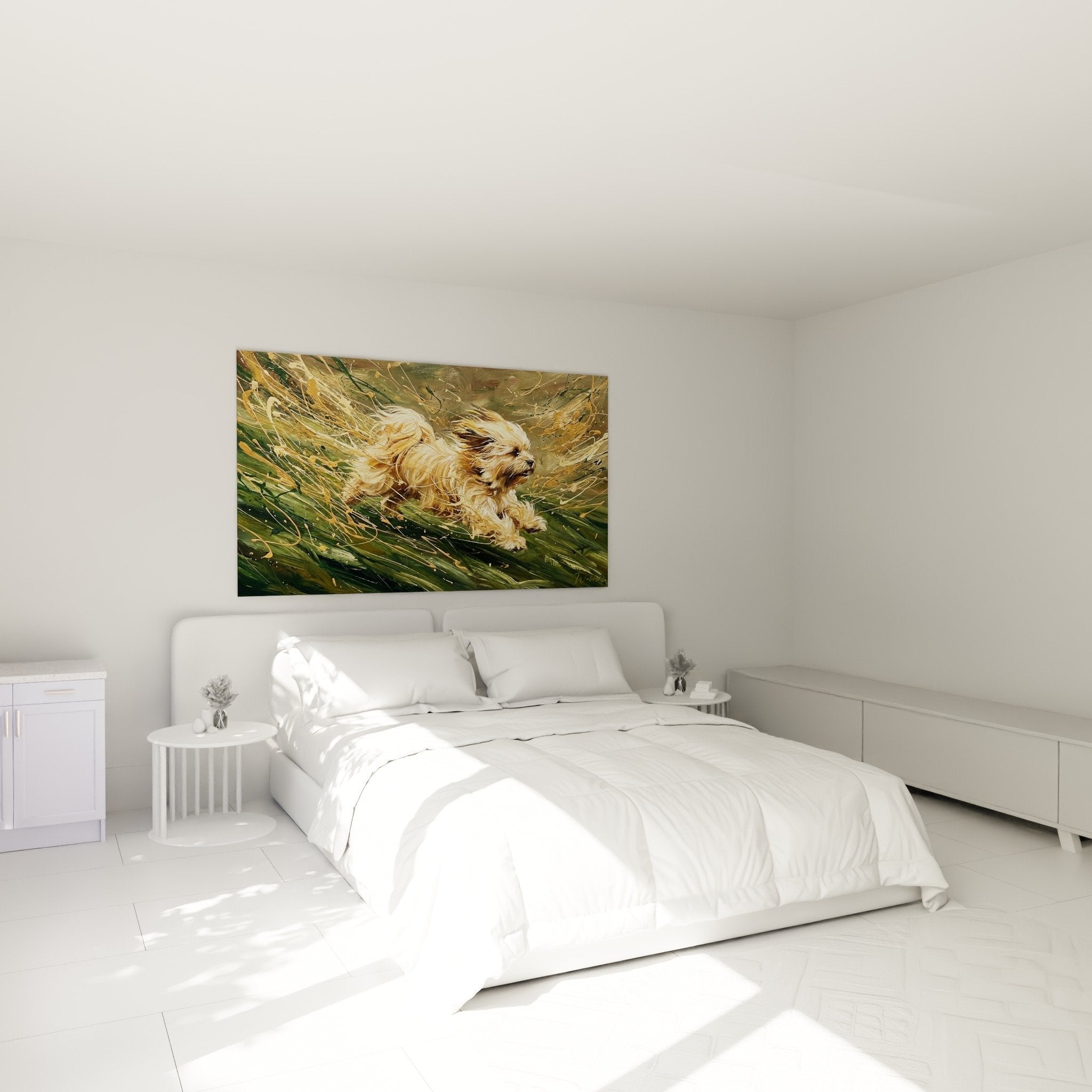 Déco chambre avec tableau Lhassa Apso dynamique aux tons dorés et verts sur mur clair