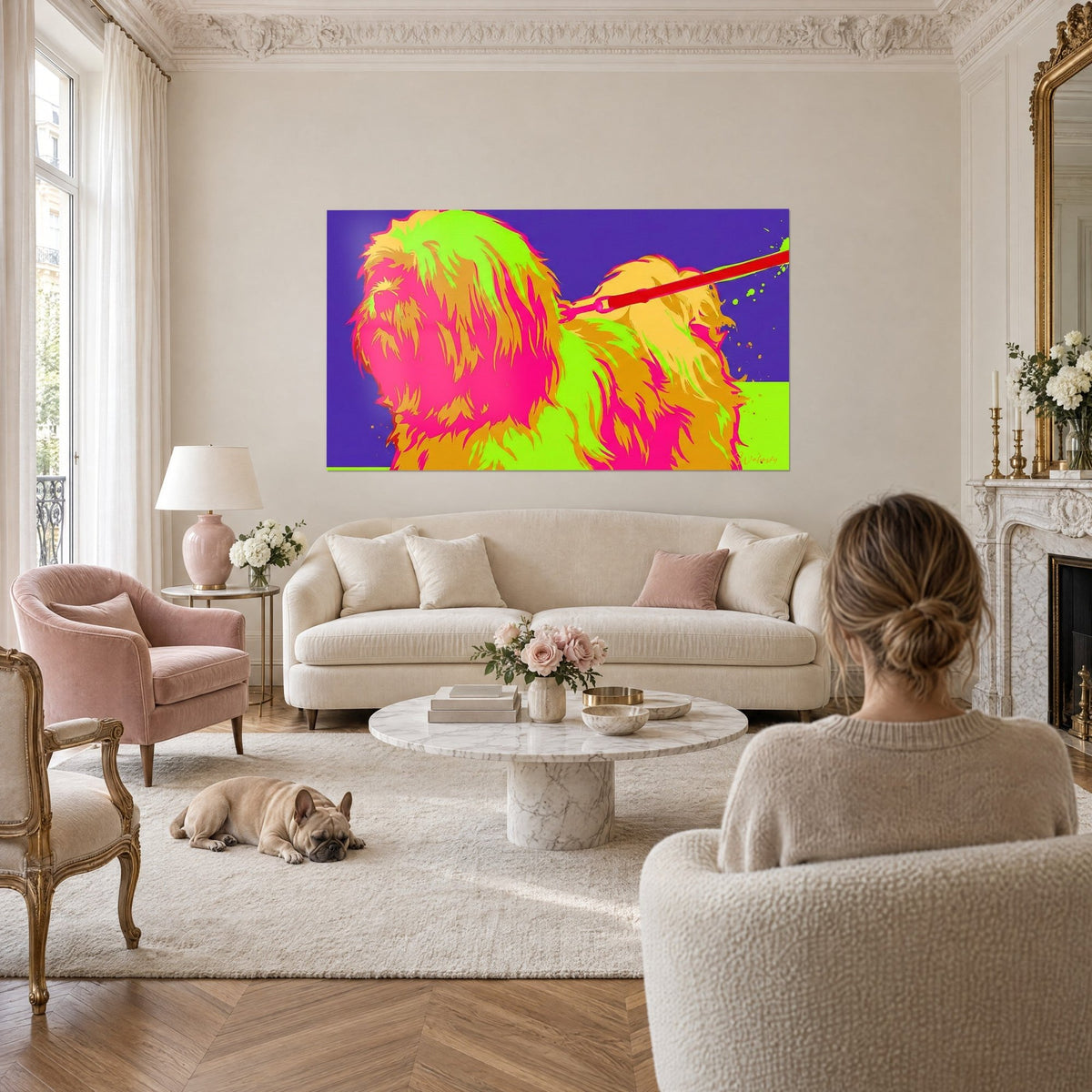 Gemälde Lhasa-Apso-Hund im Pop-Art-Stil in Fuchsia und Acidgrün, rote Leine, violetter Hintergrund, über einem Sofa in einem hellen Wohnzimmer