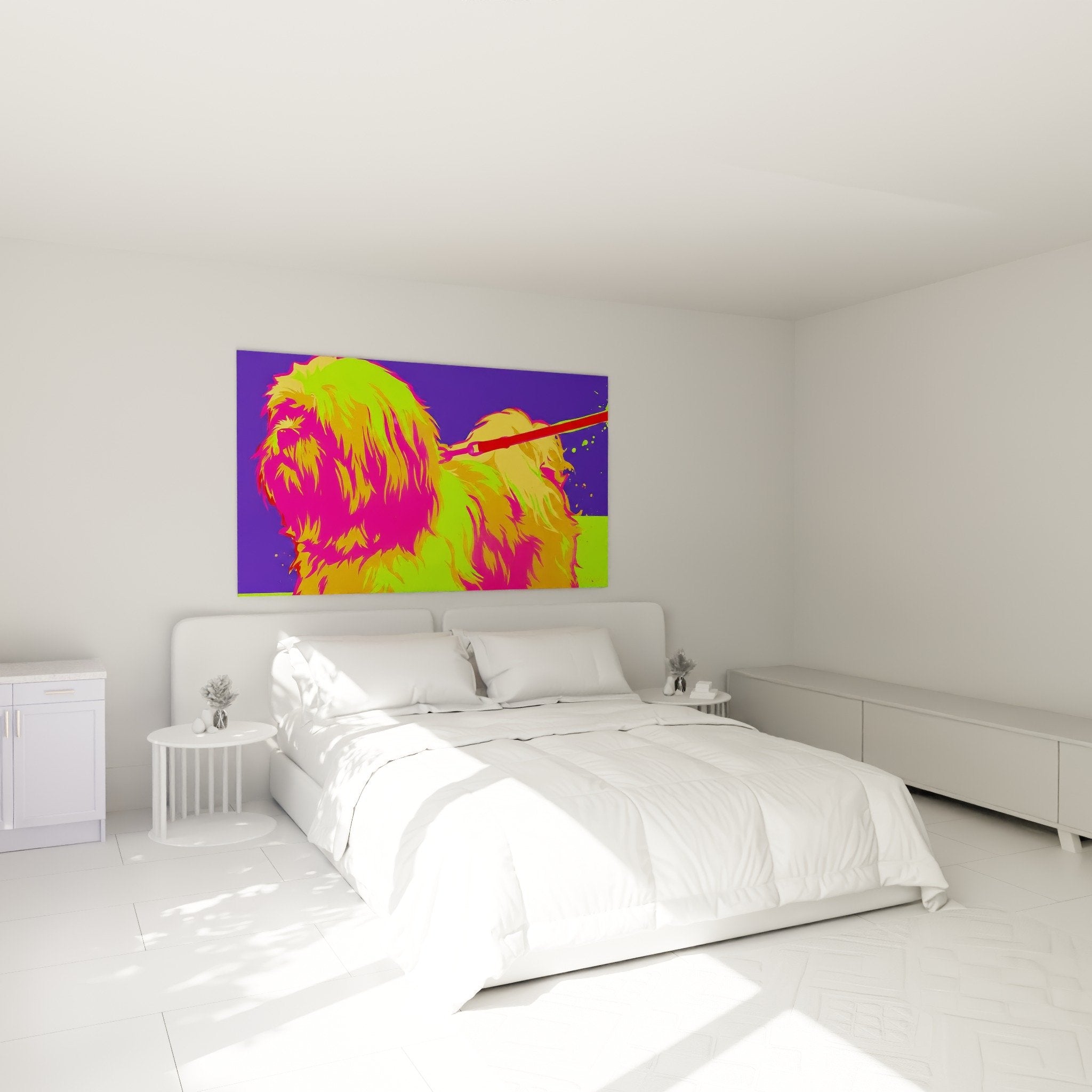 Decoration murale Lhassa Apso pop art colore dans chambre moderne aux murs blancs