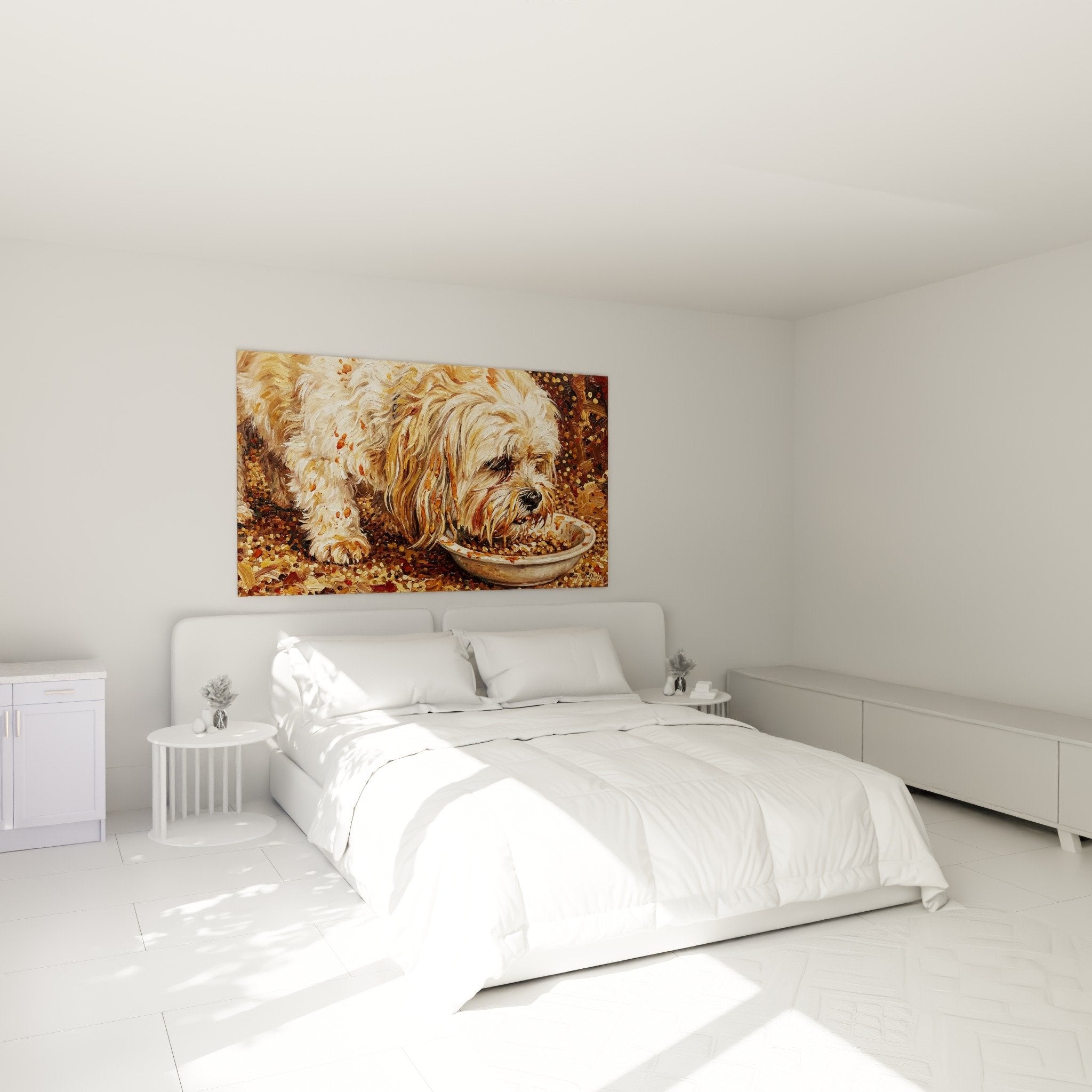 Décoration murale chien Lhassa Apso gourmand dans chambre aux tons chaleureux et mobilier bois naturel