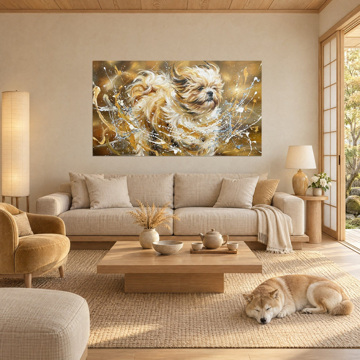 Wall art Lhassa Apso with ivory and gold fur blown by the wind, bluish droplets around, sleeping shiba, above a sofa in a bright living room