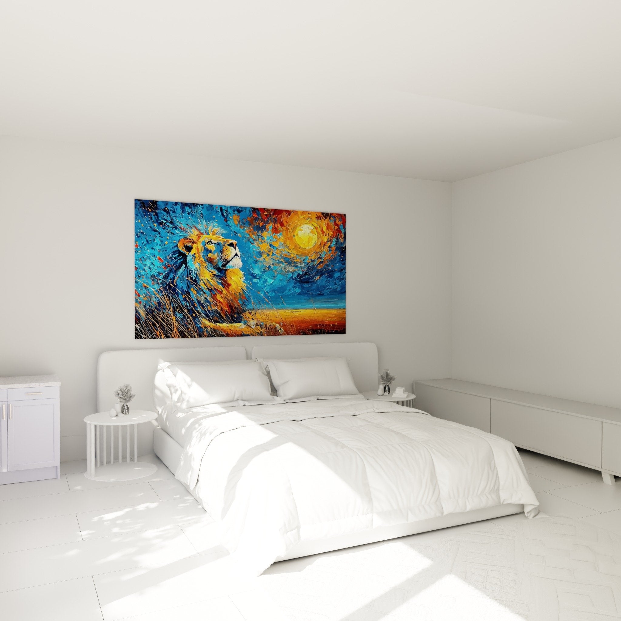 Decoration murale lion expressionniste chambre tons bleus oranges ambiance moderne artistique