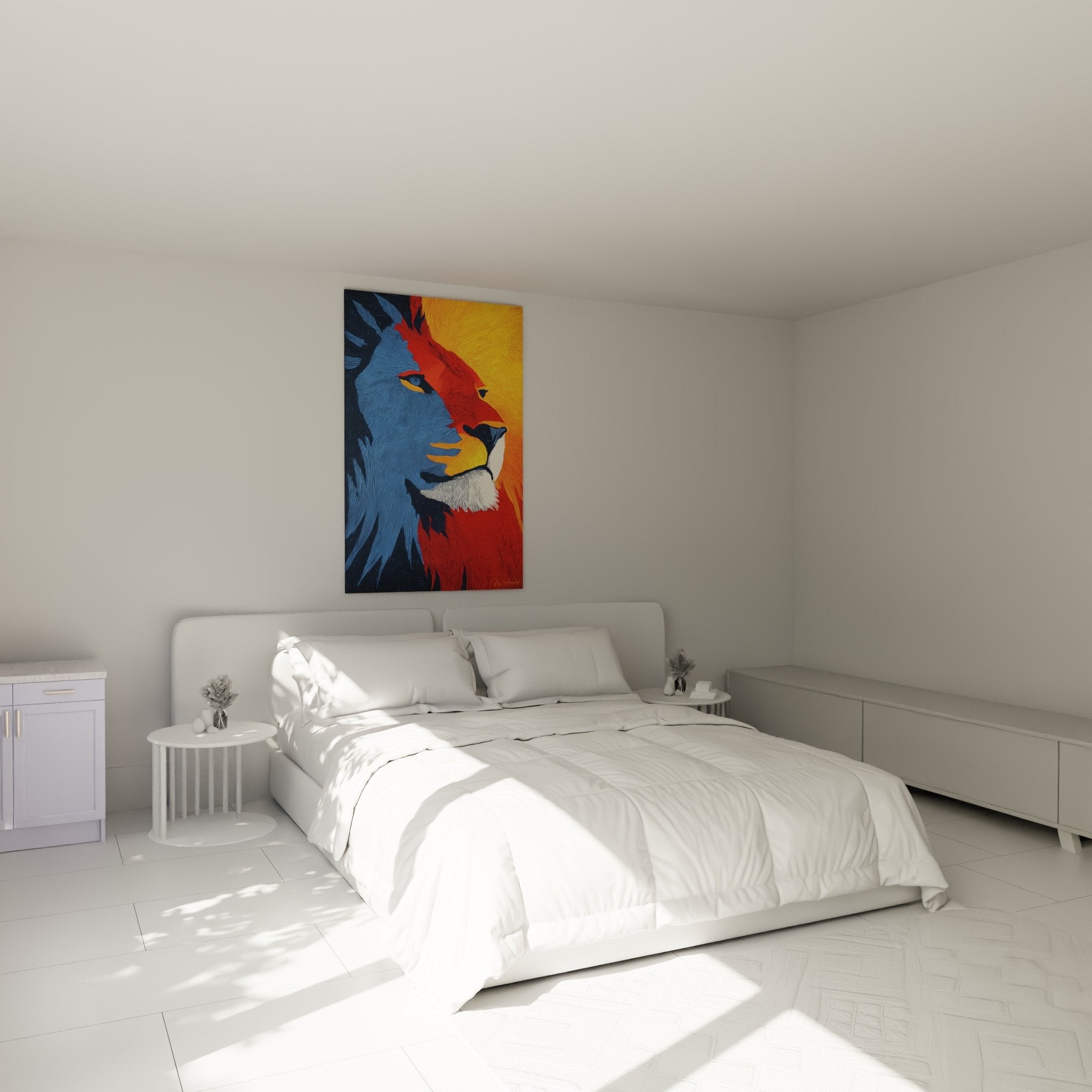 Quadro decorativo camera da letto leone colorato blu rosso giallo atmosfera moderna sofisticata muro bianco