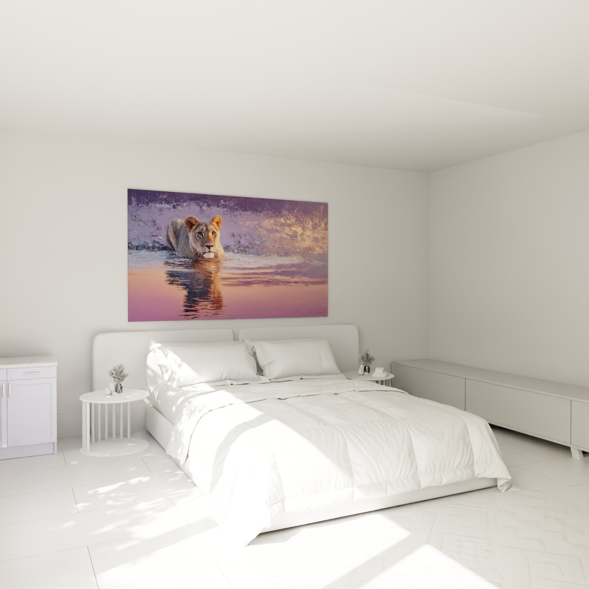 wall decoration lion water reflections bedroom serene ambiance animal artwork