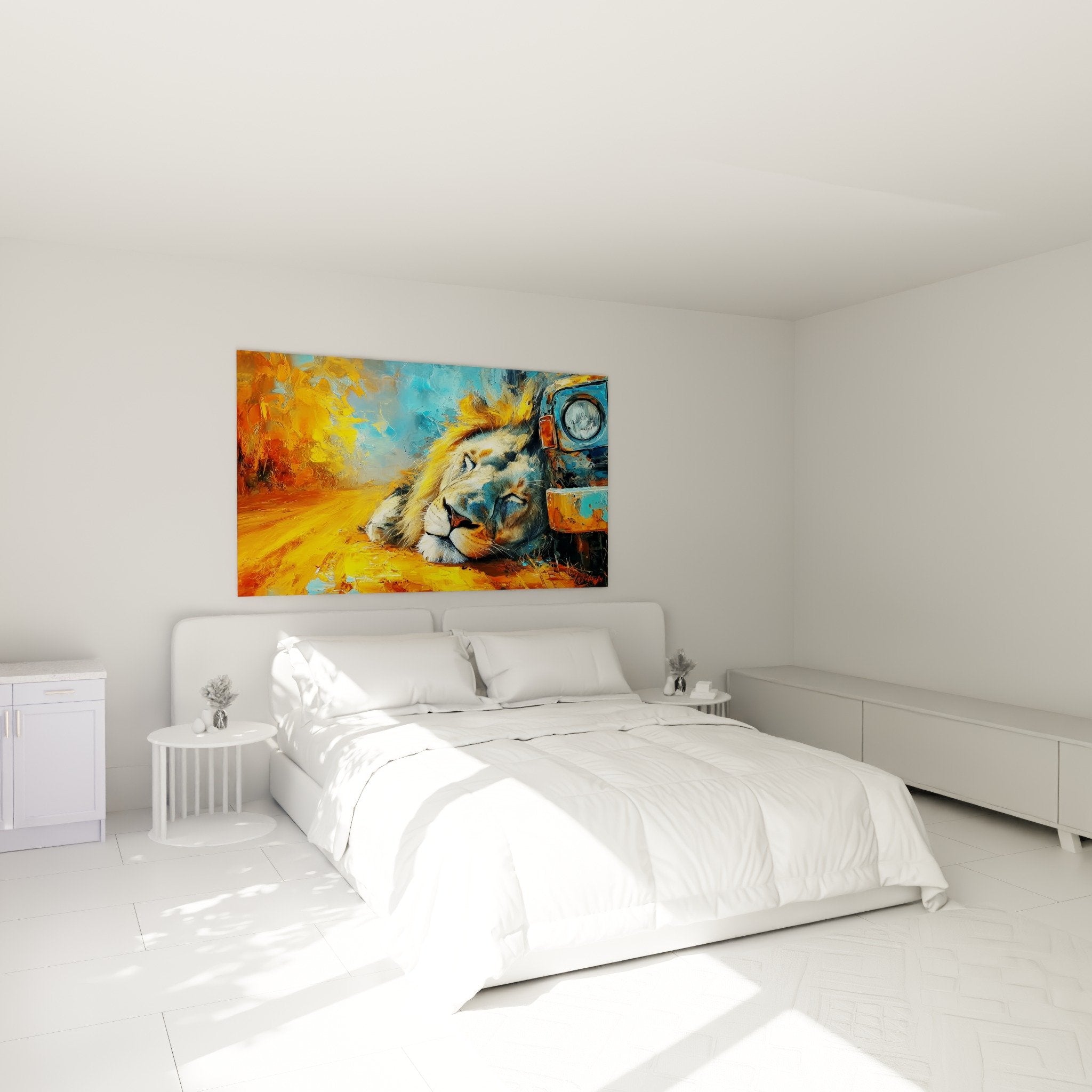 Sleeping lion wall decoration bedroom warm ambiance orange golden blue tones