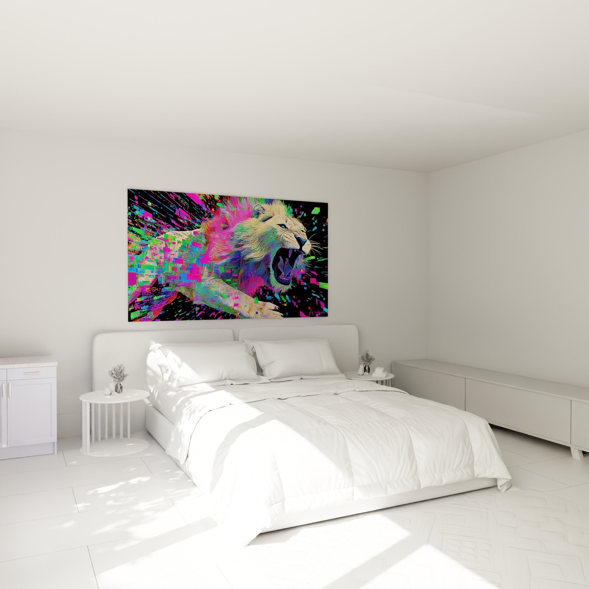 Decoration chambre tableau lion numerique couleurs vives pixels effet fragmentation murale moderne