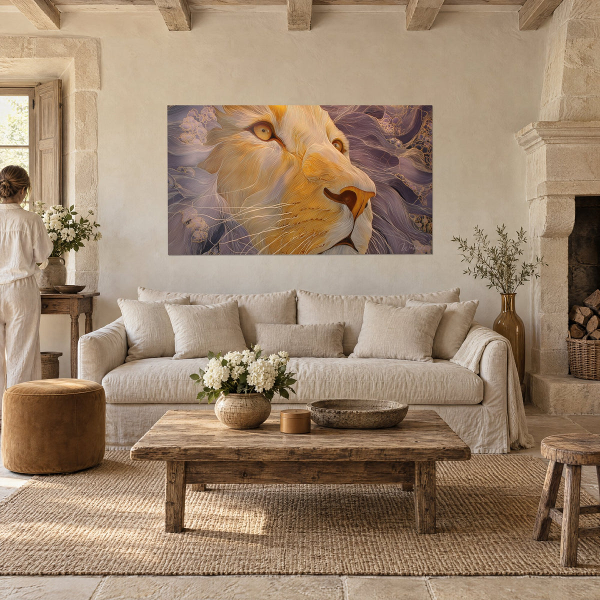 Wall art of a majestic lion with flowing lines in golden ochre and lavender purple, amber gaze, above a sofa in a bright living room