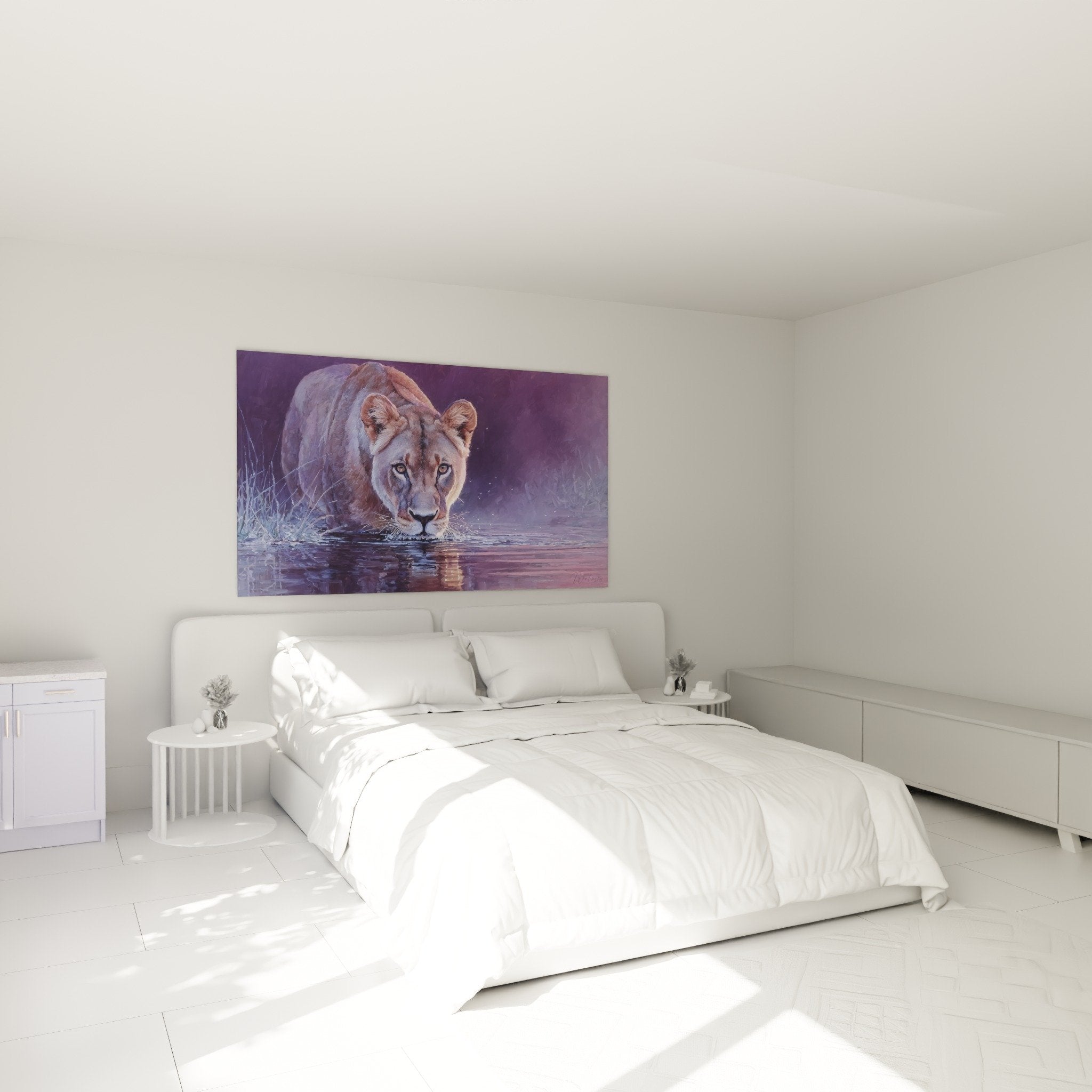 bedroom wall art lion painting purple calming atmosphere golden reflections