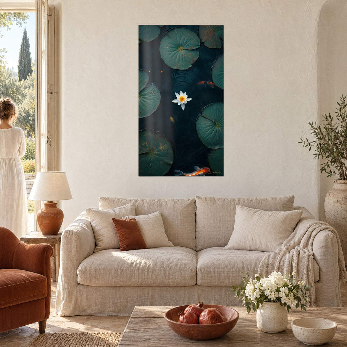 Schilderij witte waterlelie met gele kern op donkere vijver, grijsgroene bladeren, oranje koi, boven een bank in een lichte woonkamer