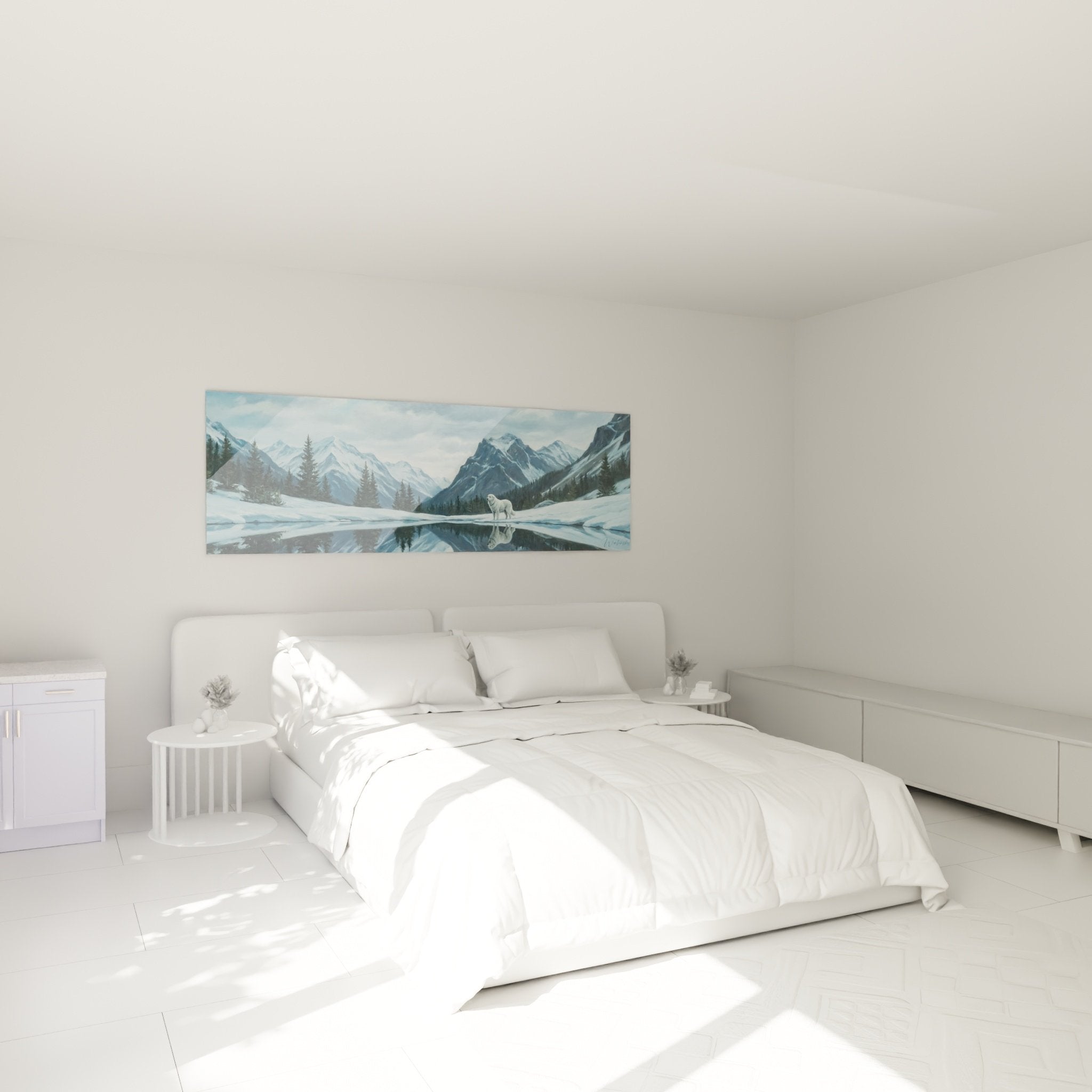 Decoration chambre tableau loup blanc montagne lac reflets ambiance apaisante mur tete de lit