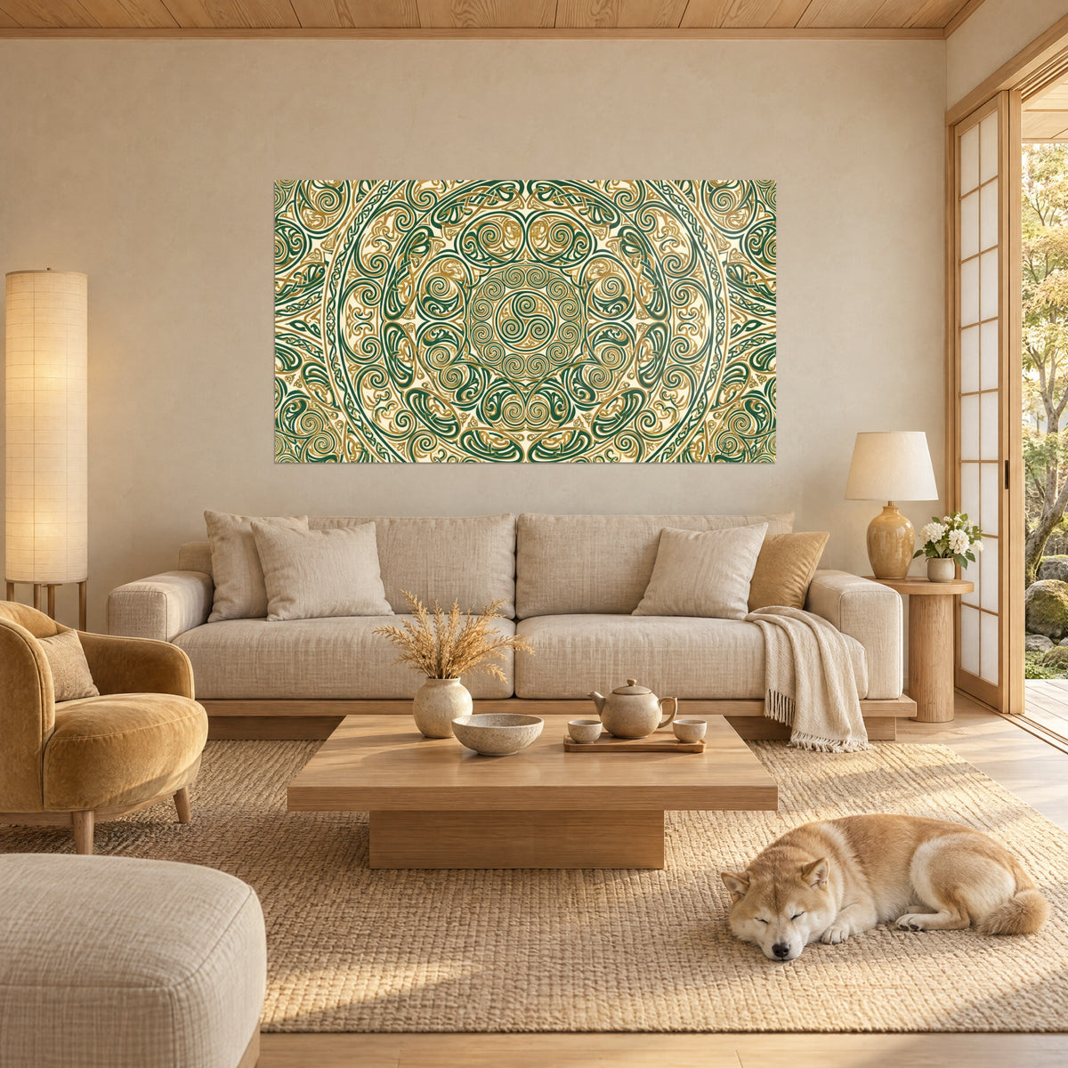 Gemälde mit keltischem Mandala aus tannengrünen und goldenen Spiralen auf cremefarbenem Grund, über einem Sofa in einem hellen Wohnzimmer