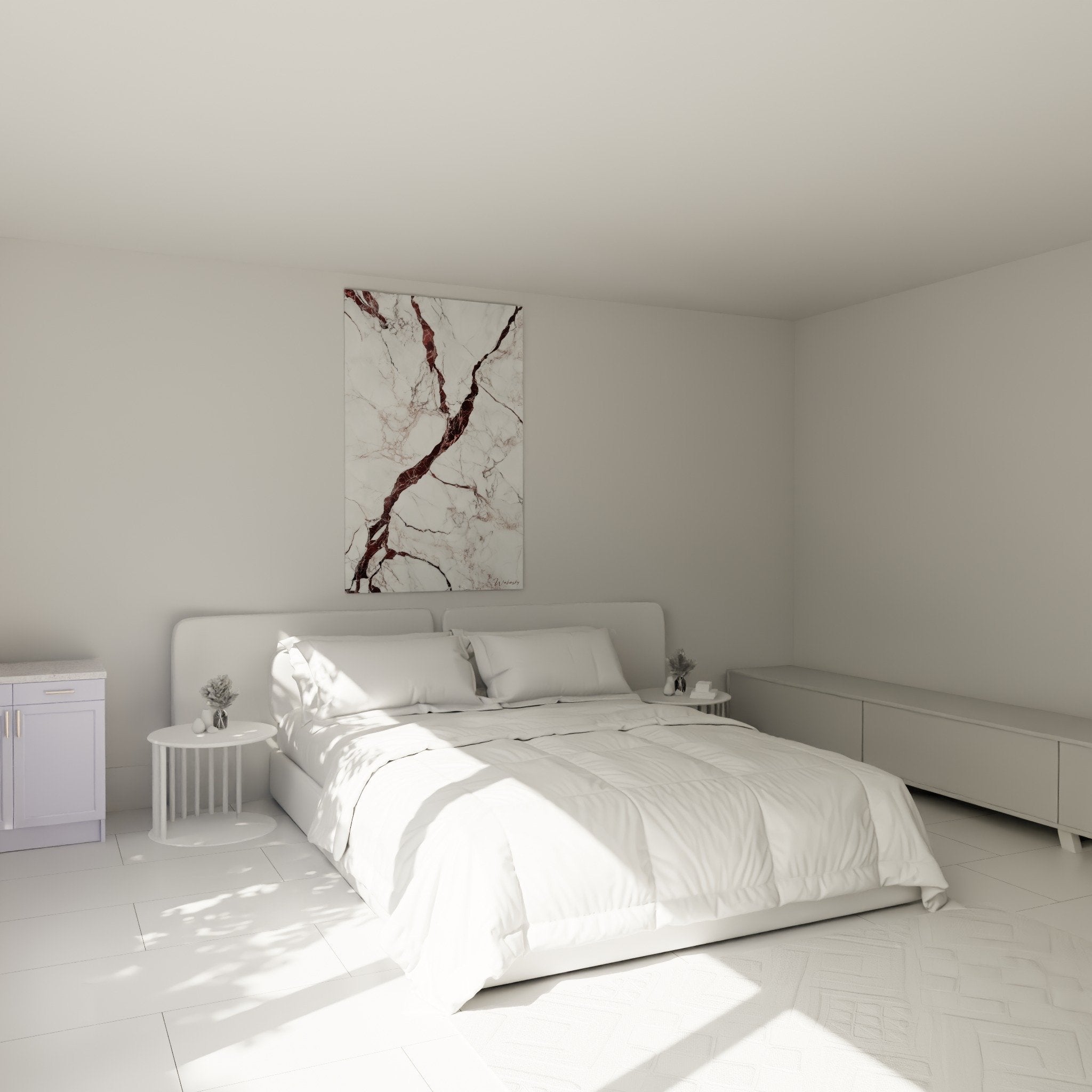 Decoration murale marbre abstrait blanc bordeaux dans chambre moderne, ambiance raffinee