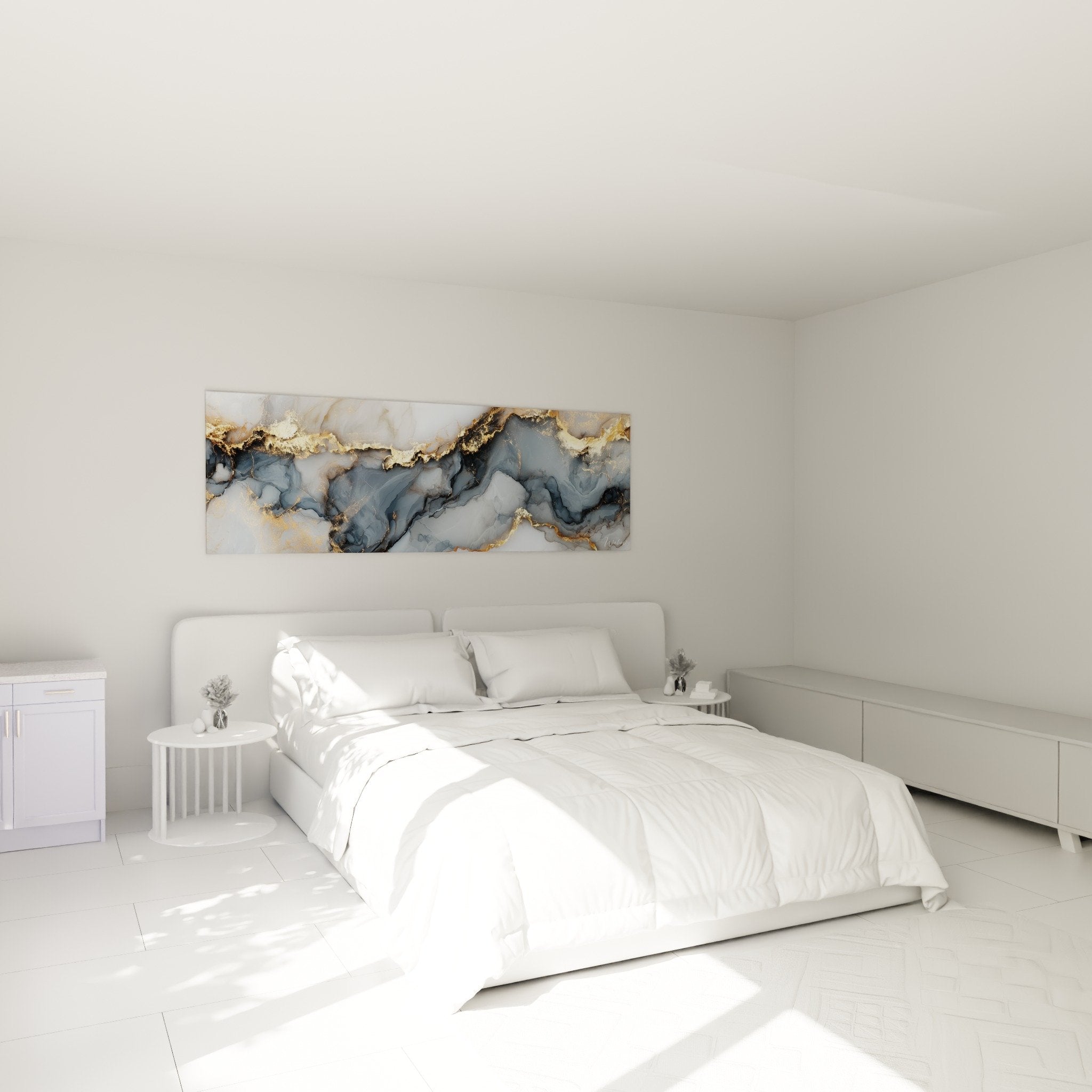 Schlafzimmer Deko abstraktes Marmor-Gemälde Blau Gold metallische Reflexionen elegante zeitgenössische Atmosphäre