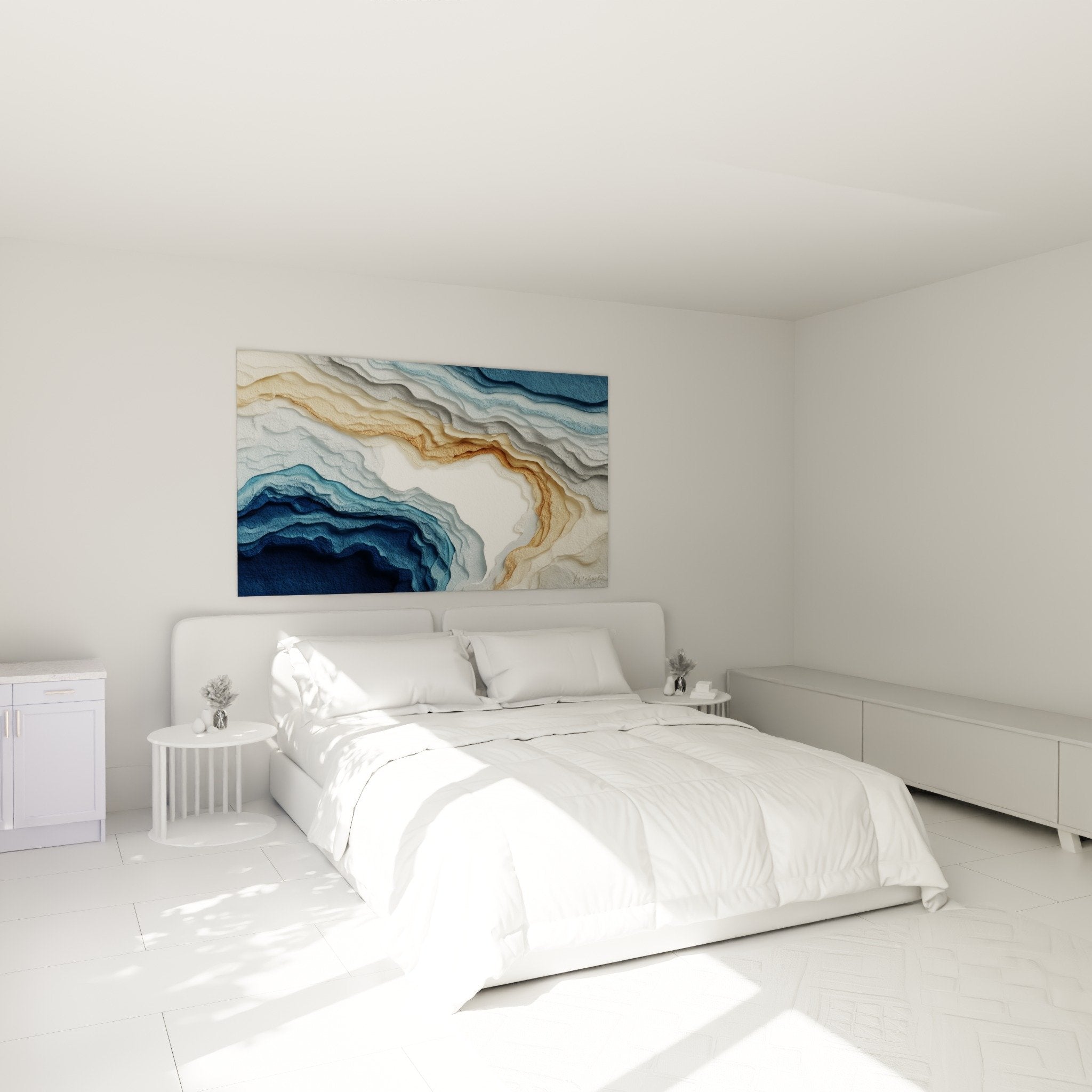 Schlafzimmer Deko, abstraktes Marmor Gemälde blau gold über modernem Bett