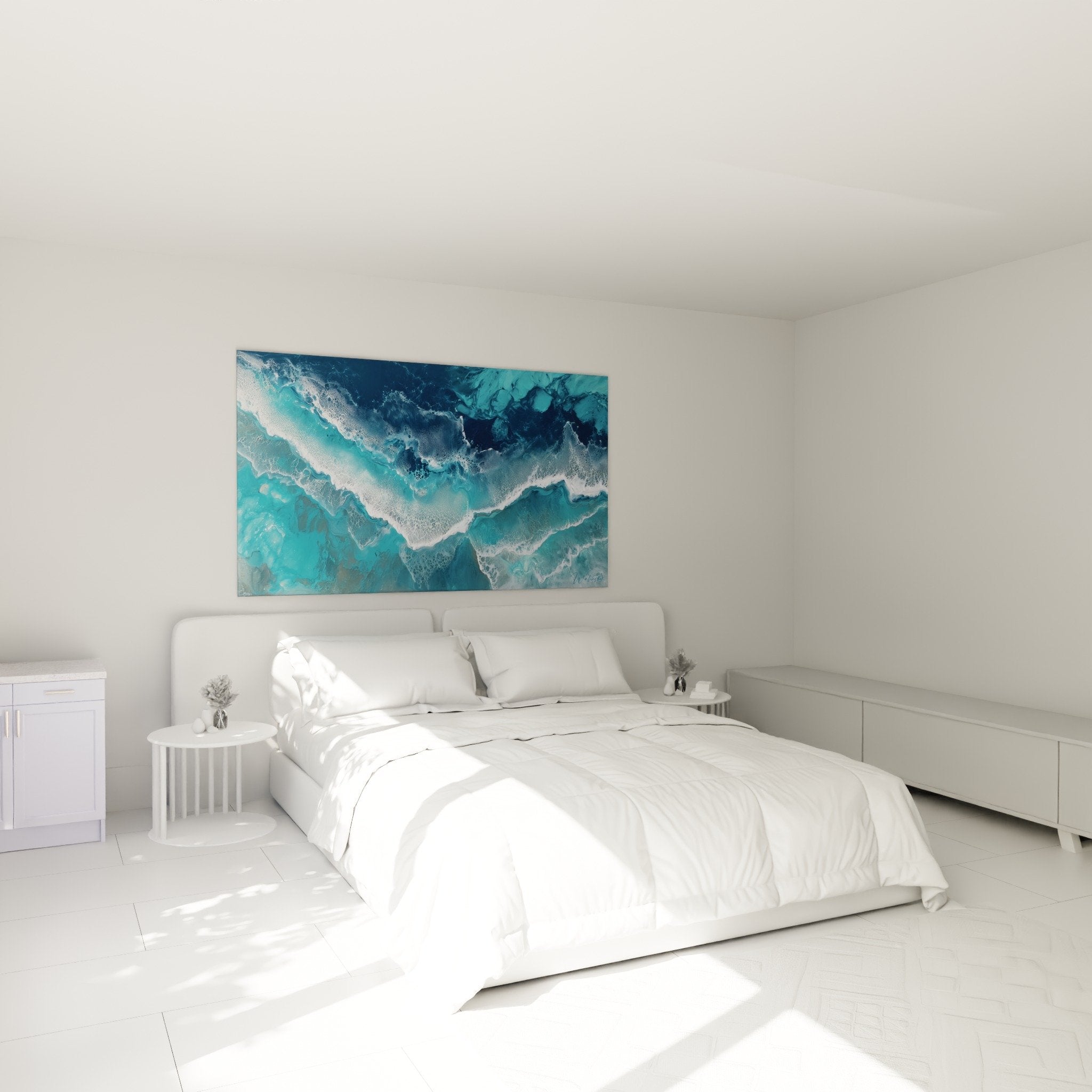 Abstraktes Marmor-Wandbild in Blaugrün für Schlafzimmer, beruhigende Zen-Atmosphäre