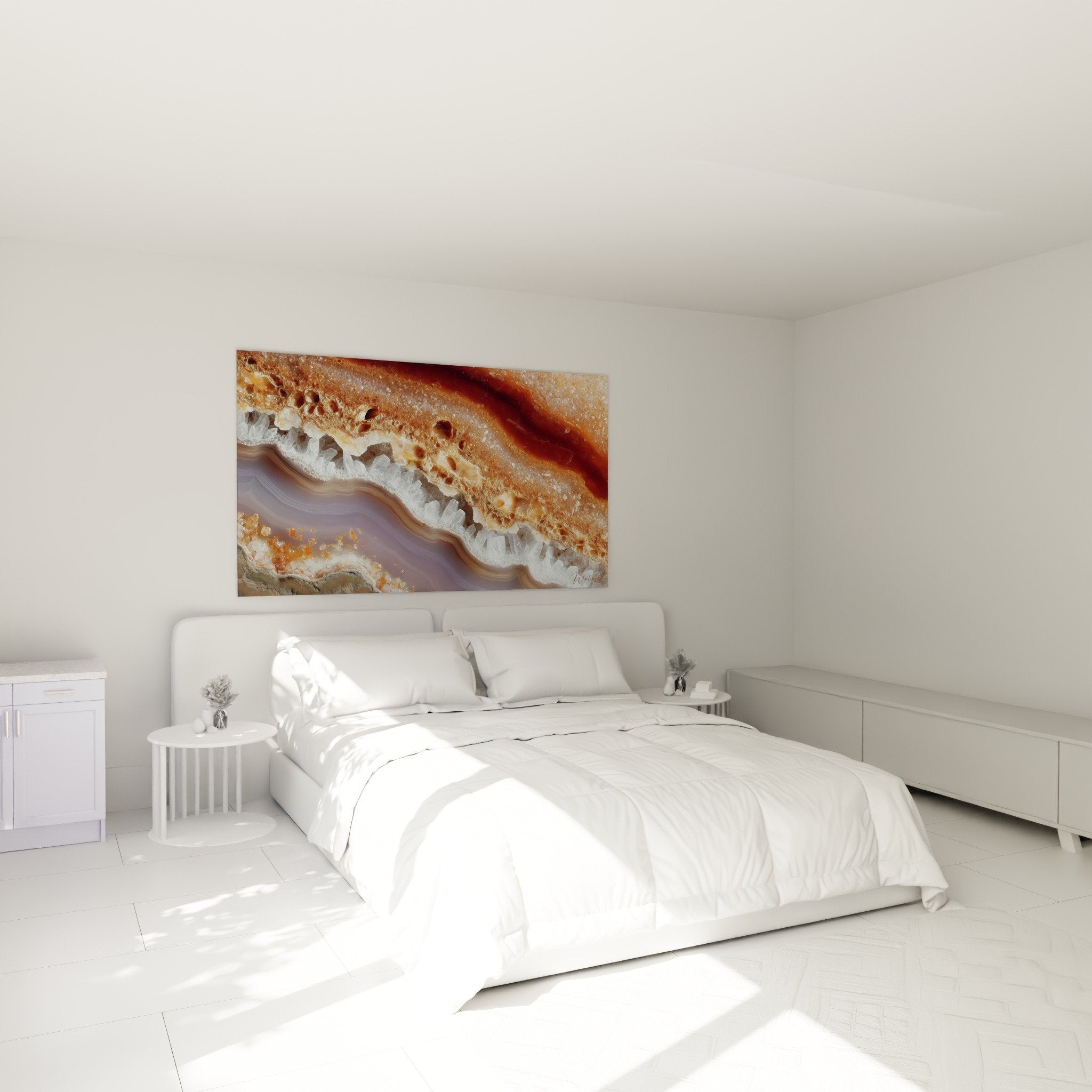 Wanddekoration abstraktes Marmor orange Kristalle Atmosphäre modernes elegantes Schlafzimmer beruhigend