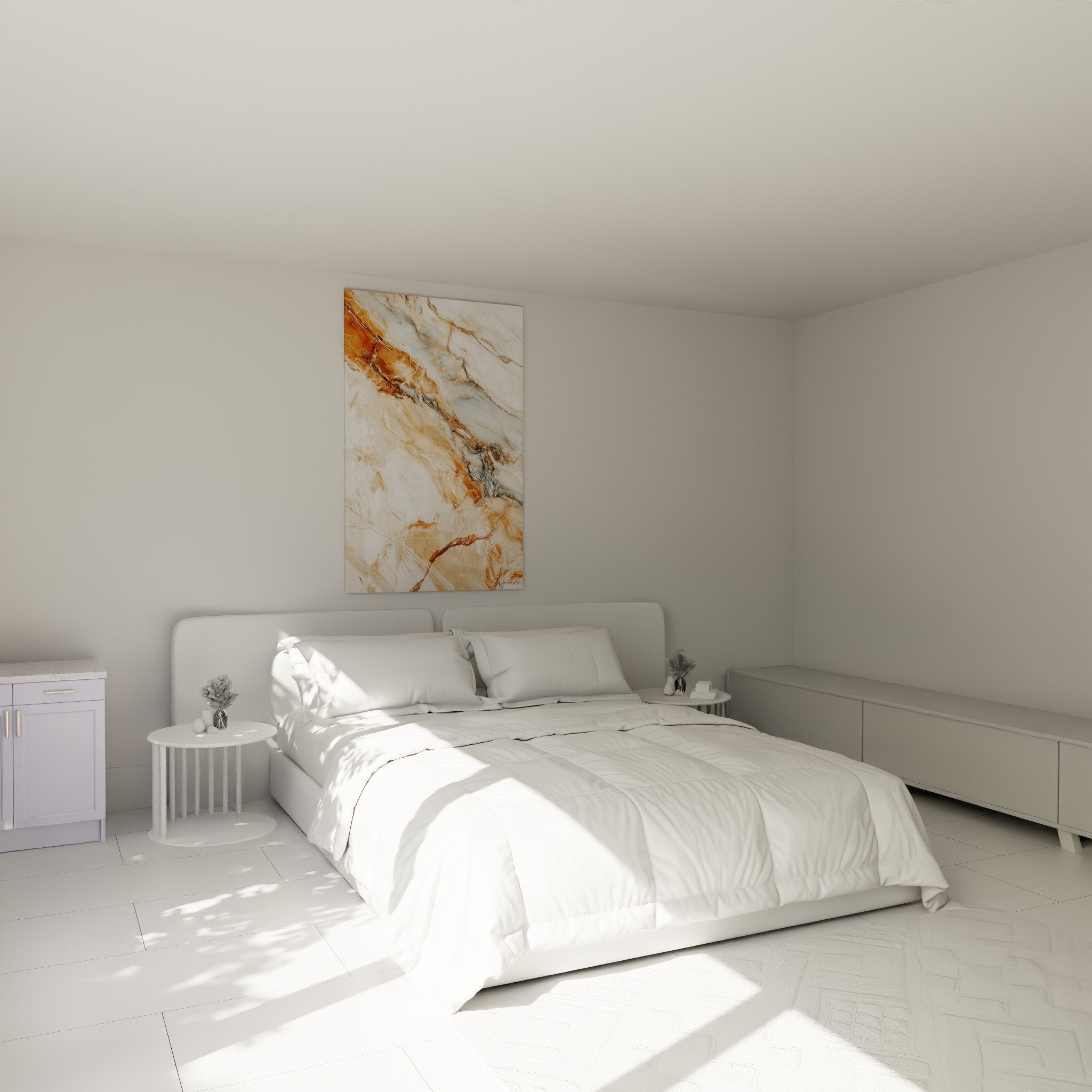 Décoration chambre tableau marbre abstrait doré blanc ambiance chaleureuse moderne