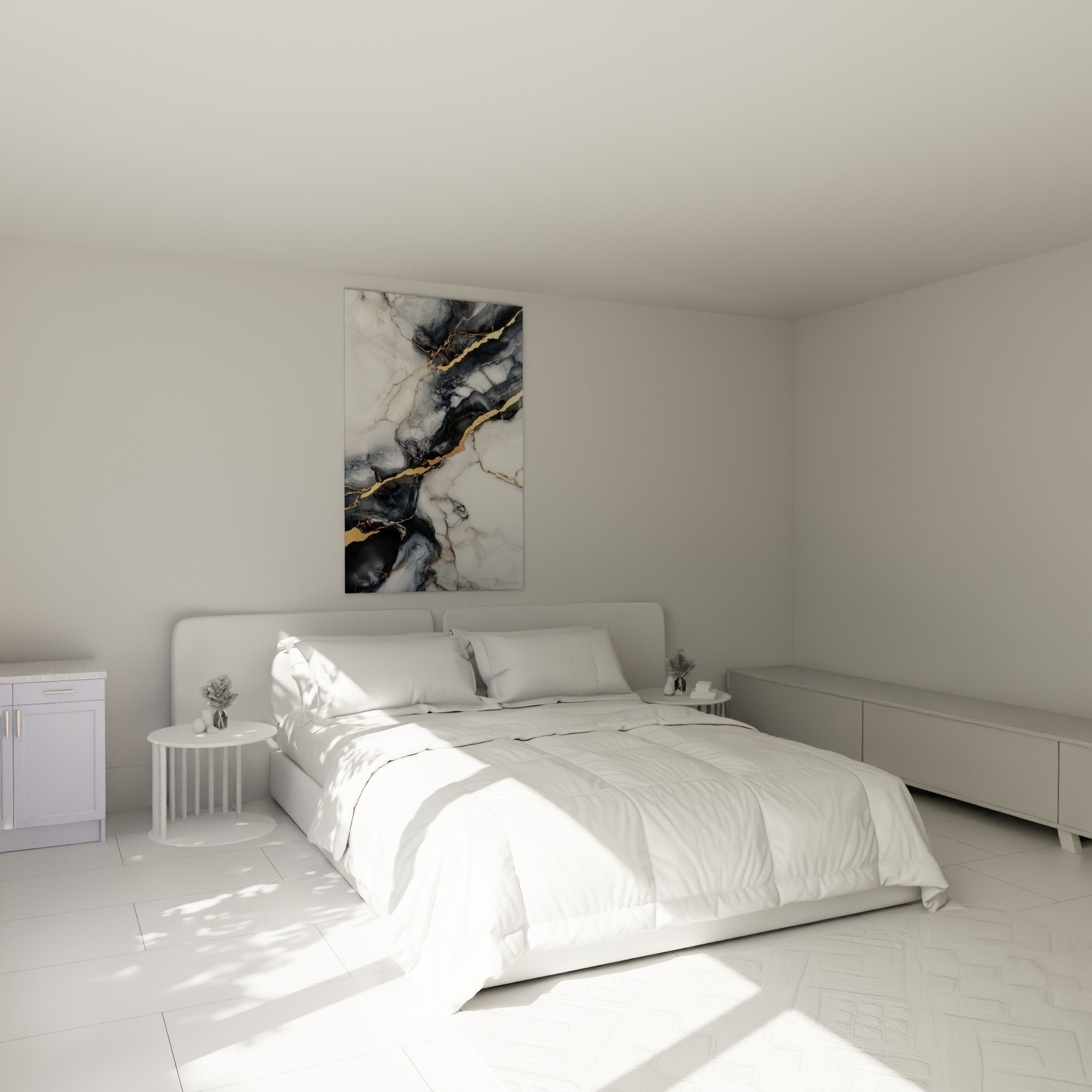 Decoration chambre tableau marbre abstrait noir blanc or ambiance moderne sophistiquee