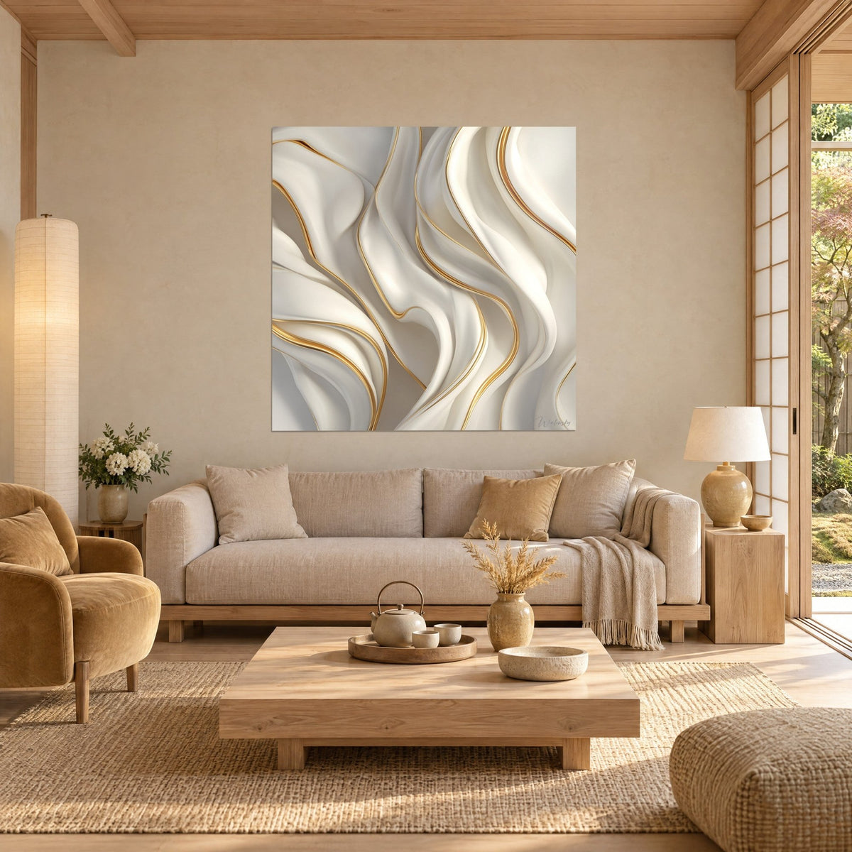 Wall art with ivory silk draping and gold trim, above a sofa in a bright living room