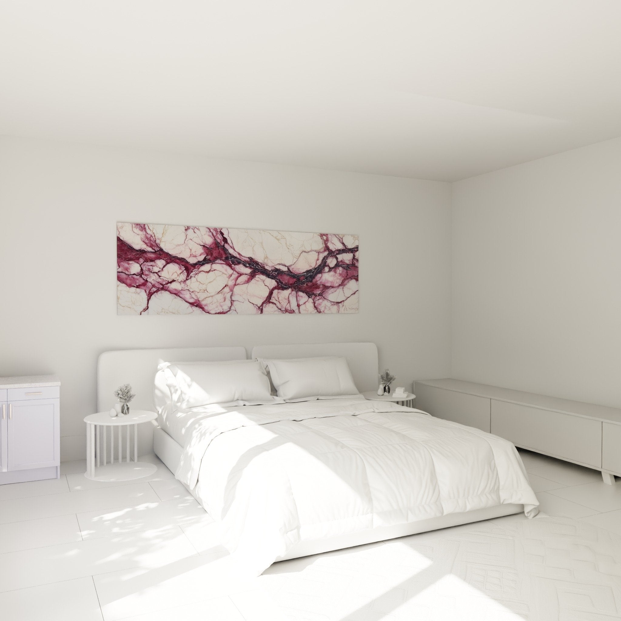 Schlafzimmer Dekoration abstraktes Marmor Gemälde lila violette Töne über dem Bett beruhigende Atmosphäre