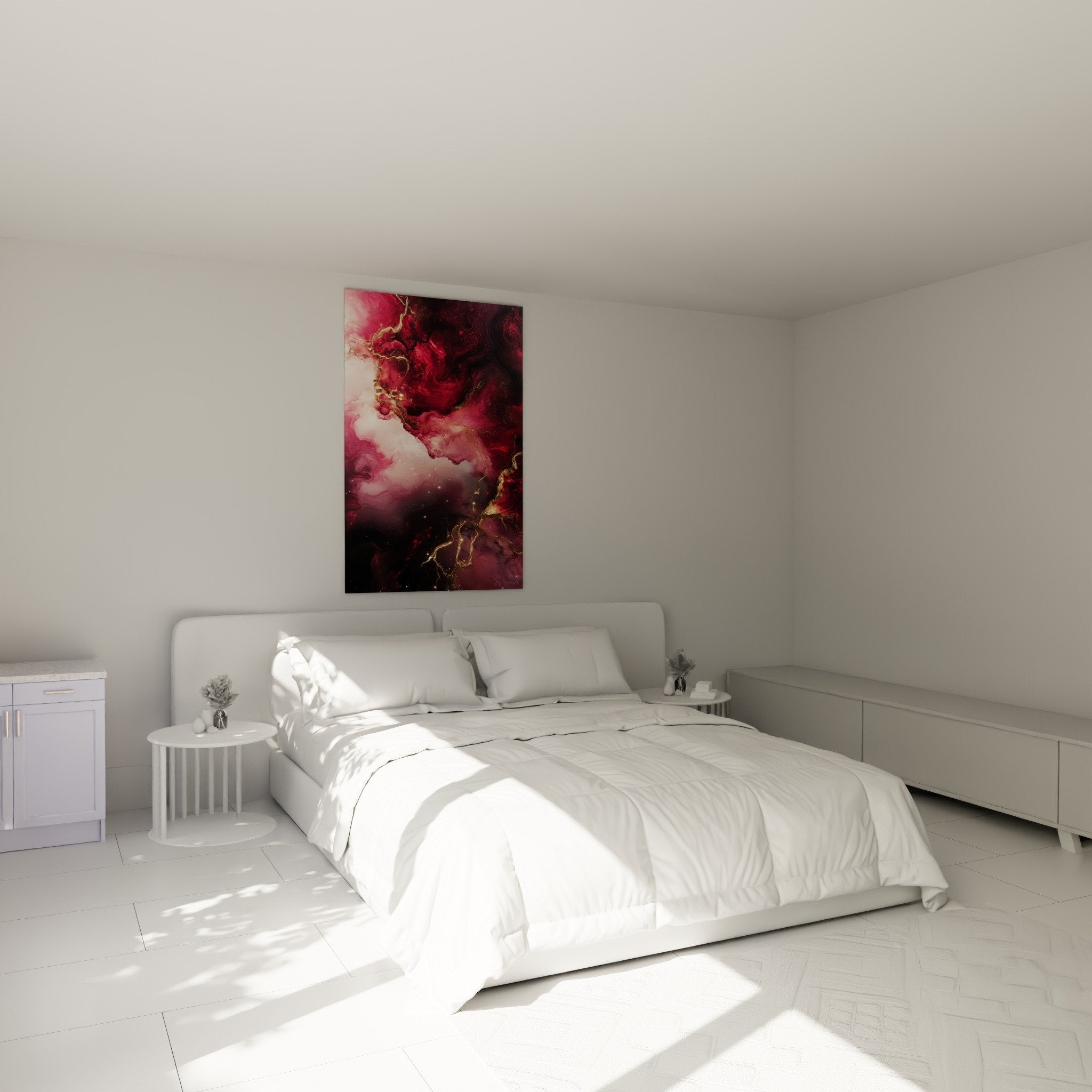 Deco chambre avec tableau marbre abstrait rose dore au dessus du lit ambiance romantique
