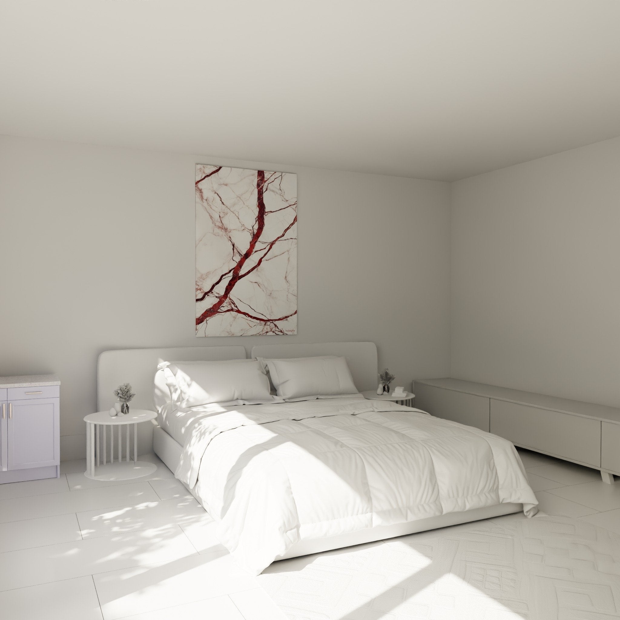 Décoration chambre tableau marbre abstrait veines rouges bordeaux ambiance moderne élégante