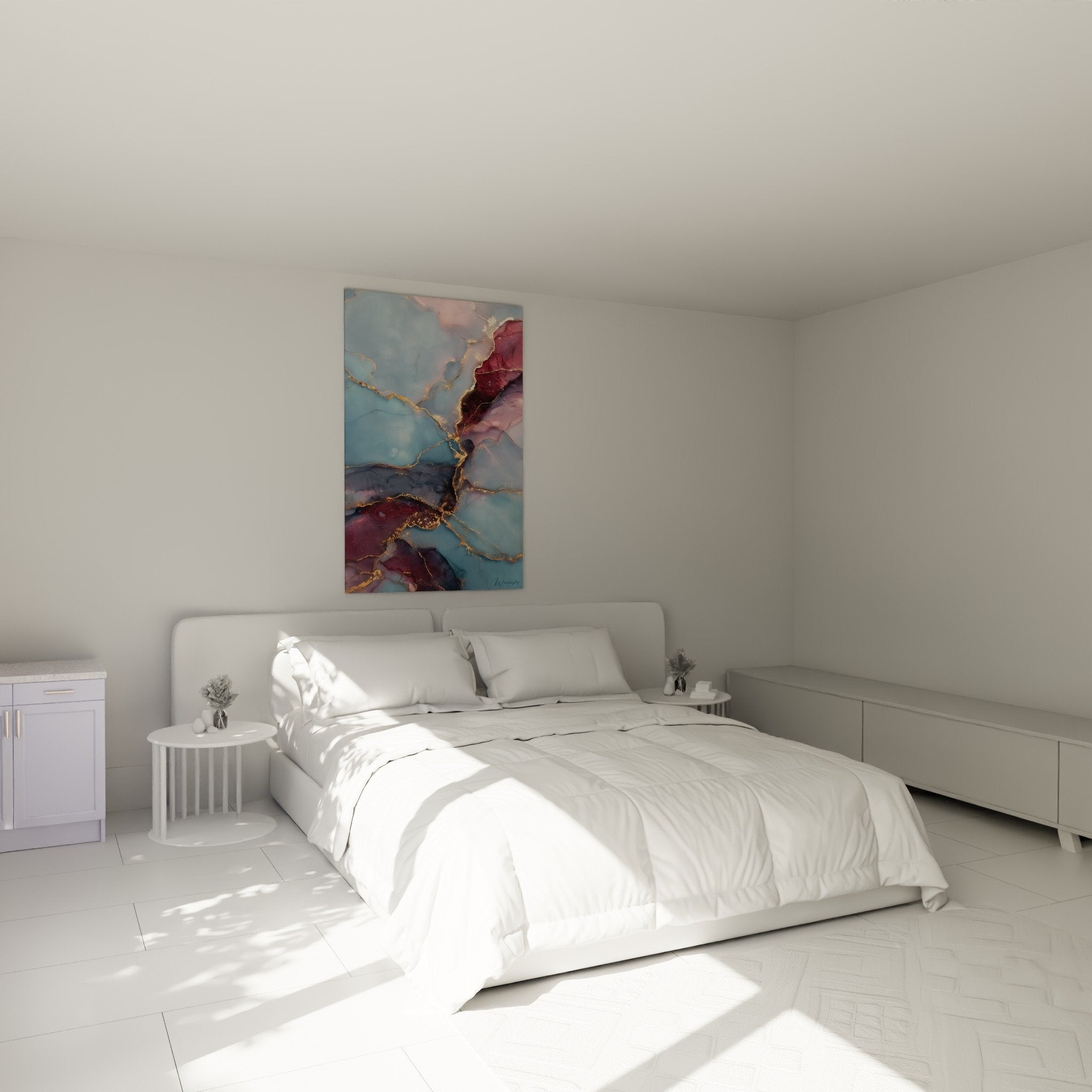 Décoration chambre tableau marbre abstrait mural veines dorées bleu bordeaux ambiance moderne