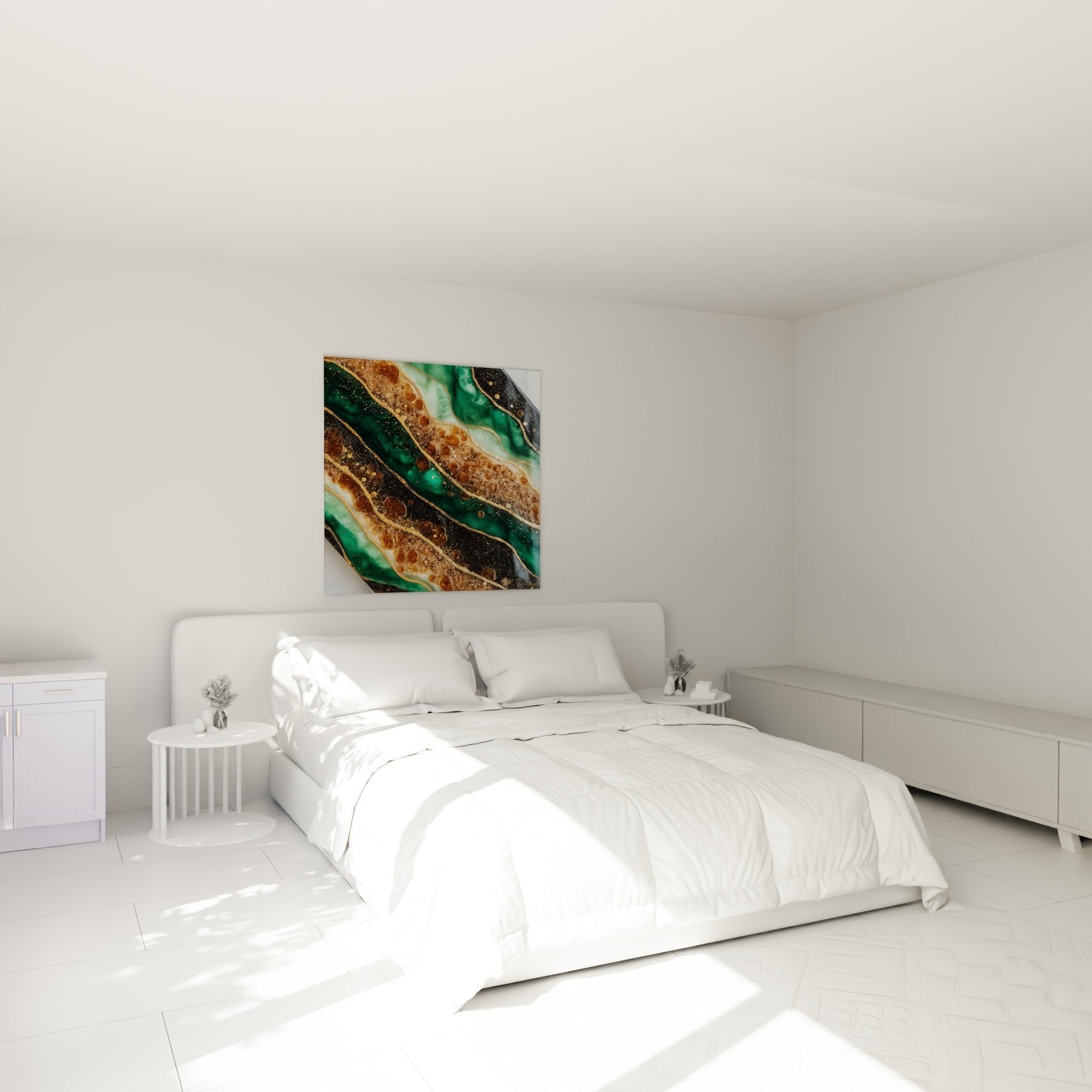 Décoration chambre avec tableau marbre abstrait vert émeraude et doré aux motifs géologiques fluides