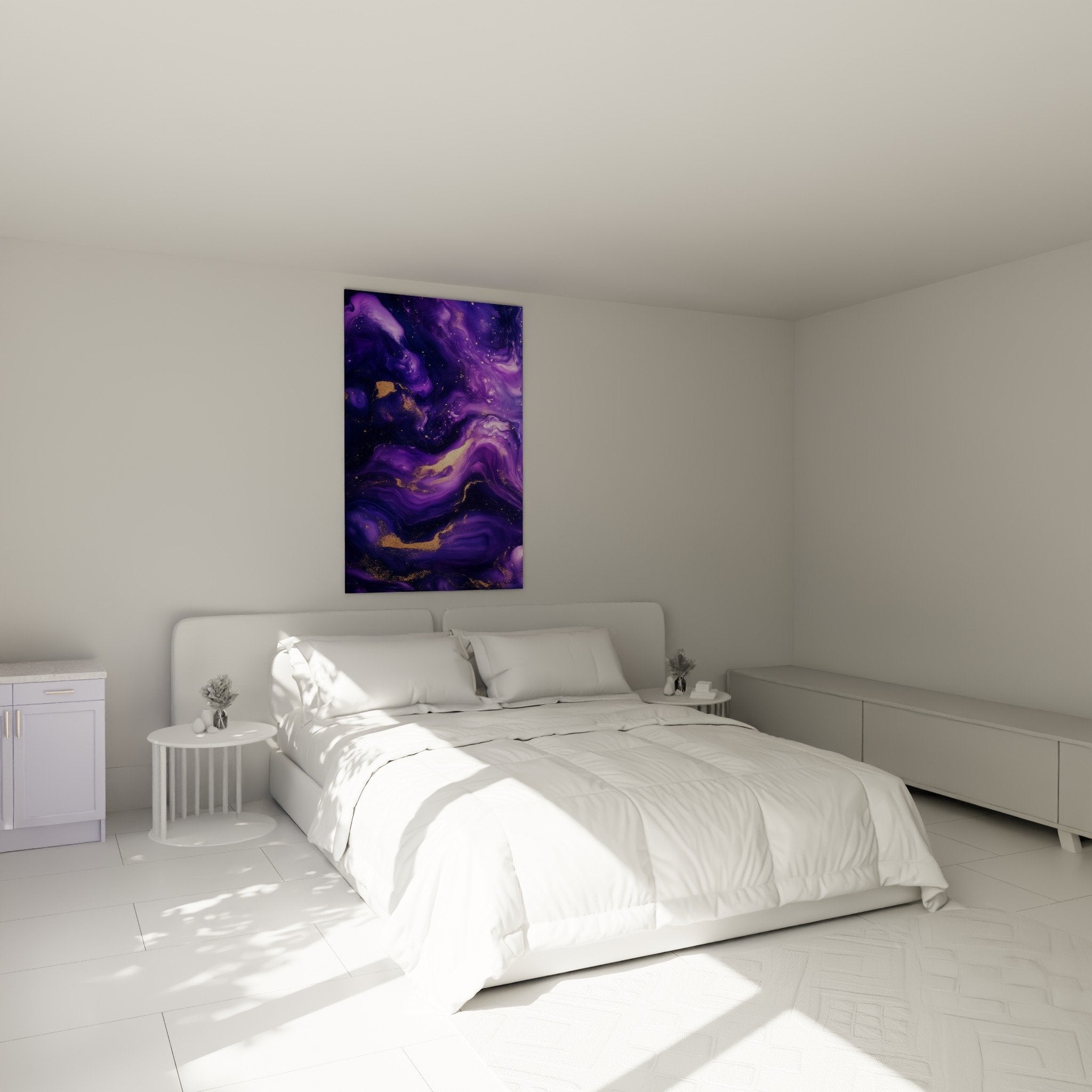 Décoration chambre avec tableau marbre violet et or au-dessus du lit