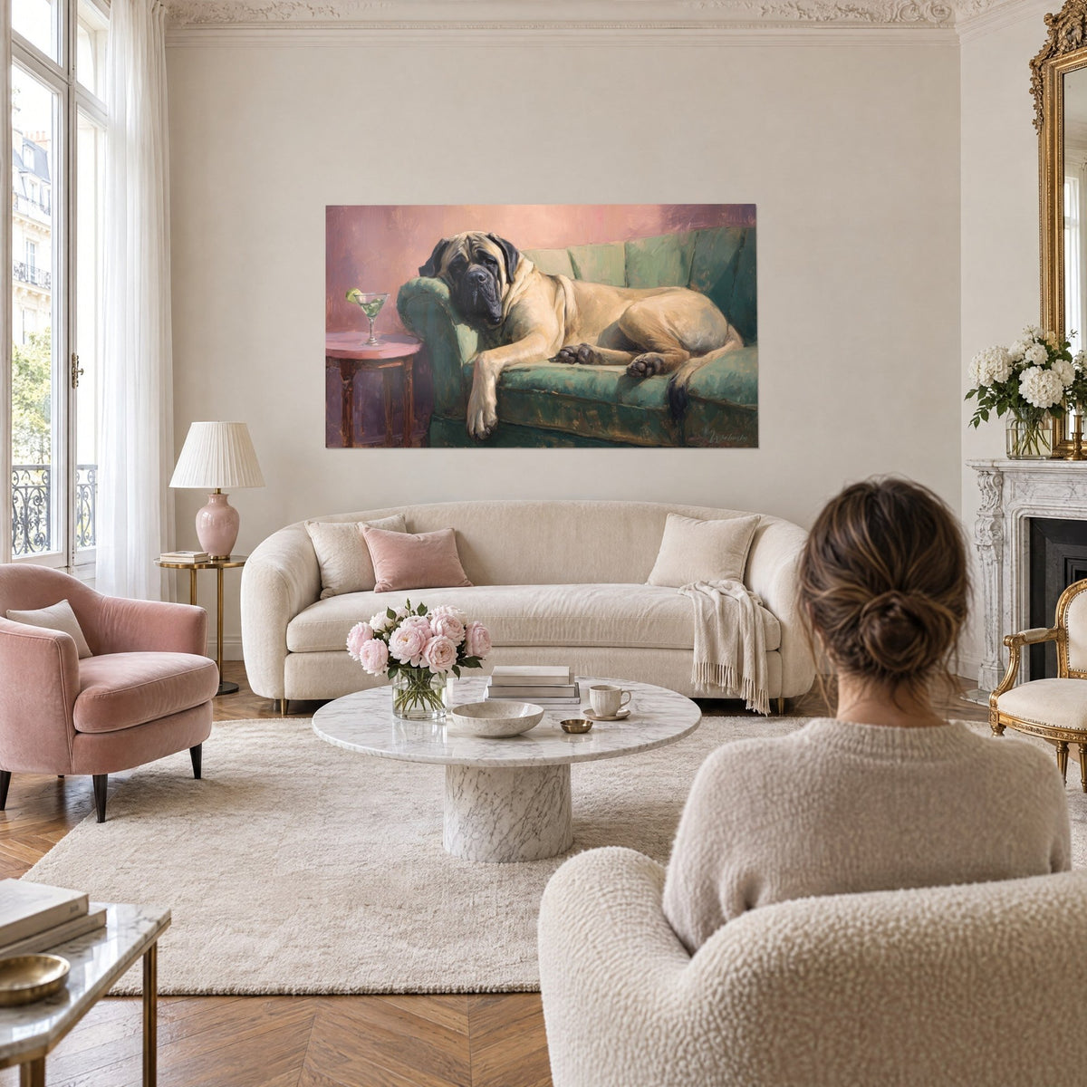 Wall art tawny mastiff sprawled on a green sofa, powdery pink wall and lime martini, above a sofa in a bright living room
