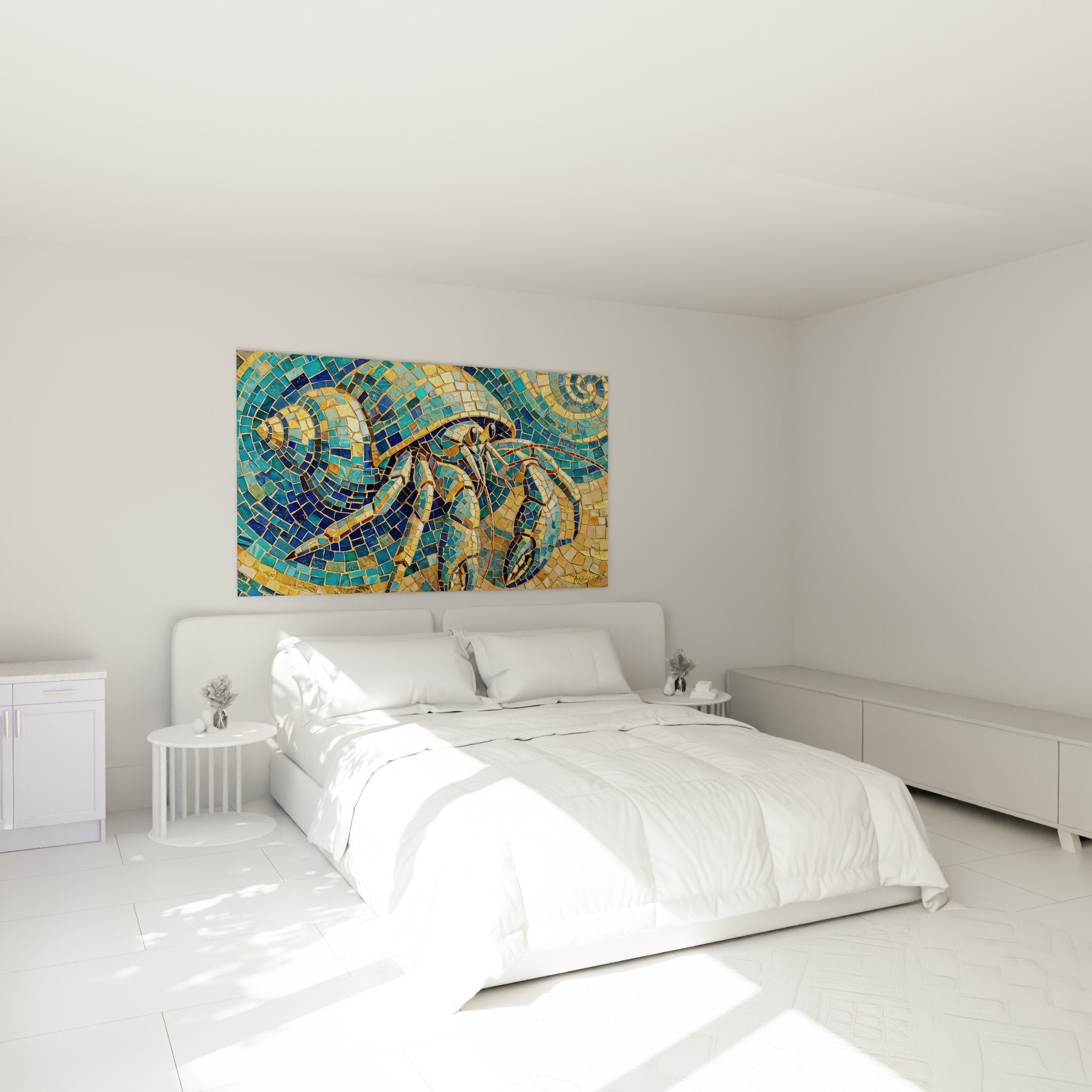 mosaikkunstwerk meereskunst bernhard-einsiedlerkrebs schlafzimmer wanddekoration blau gold beruhigende atmosphare