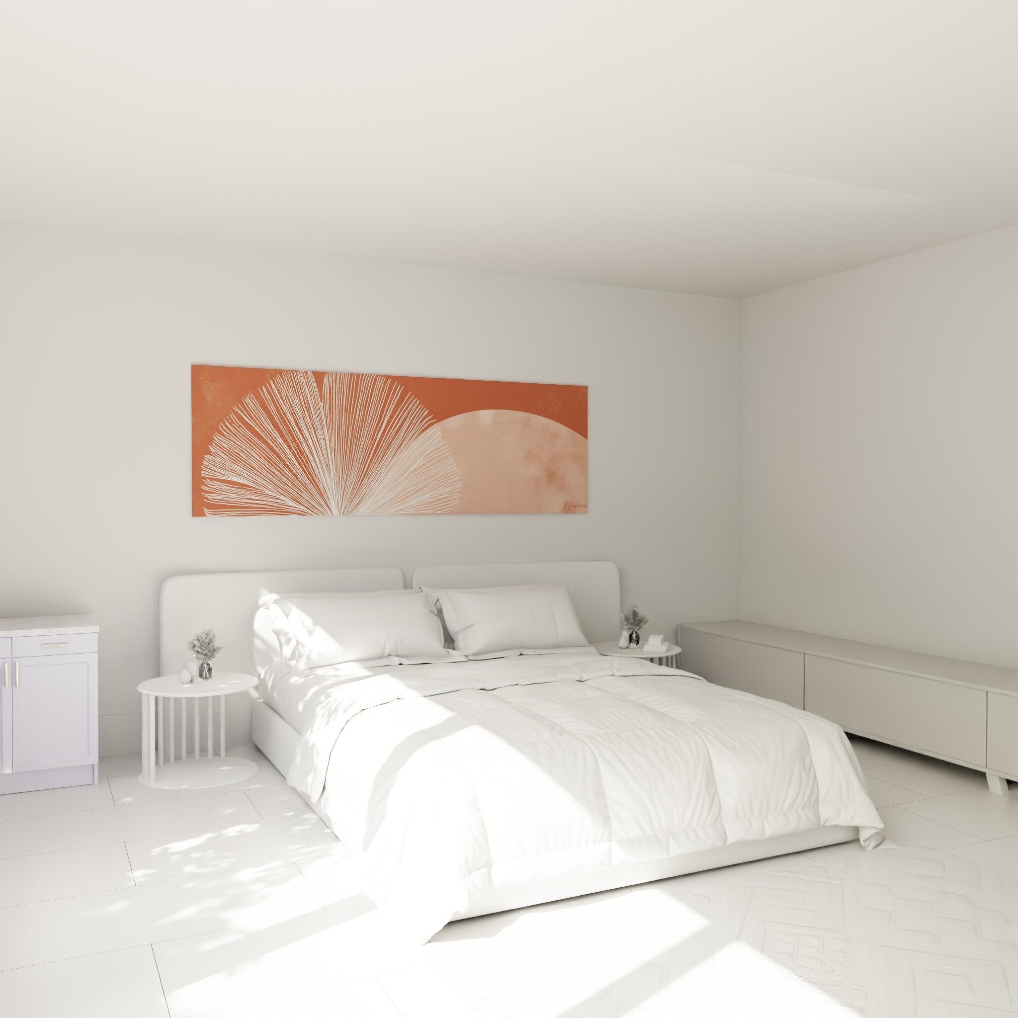 Wall decoration bedroom terracotta pink tones, white radiant pattern, soothing feng shui southwest ambiance