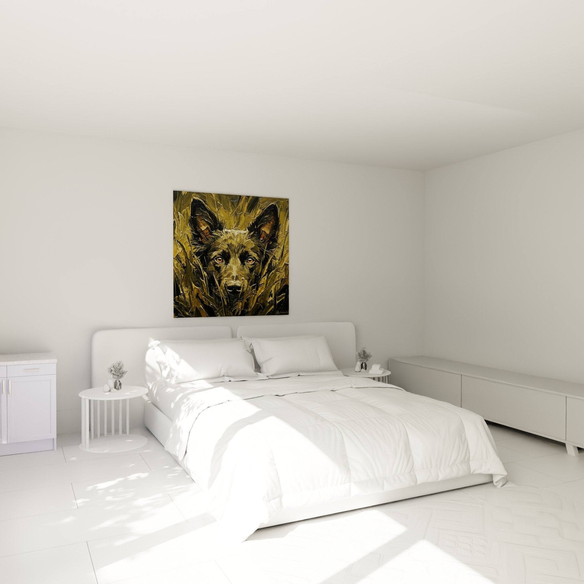 Decoration murale chambre Mudi doré dans herbes style expressif ambiance chaleureuse