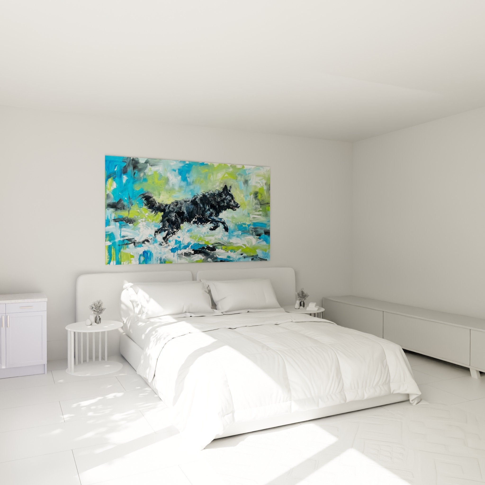 Déco chambre tableau Mudi sautant dans eau couleurs vives bleu vert accroché mur blanc