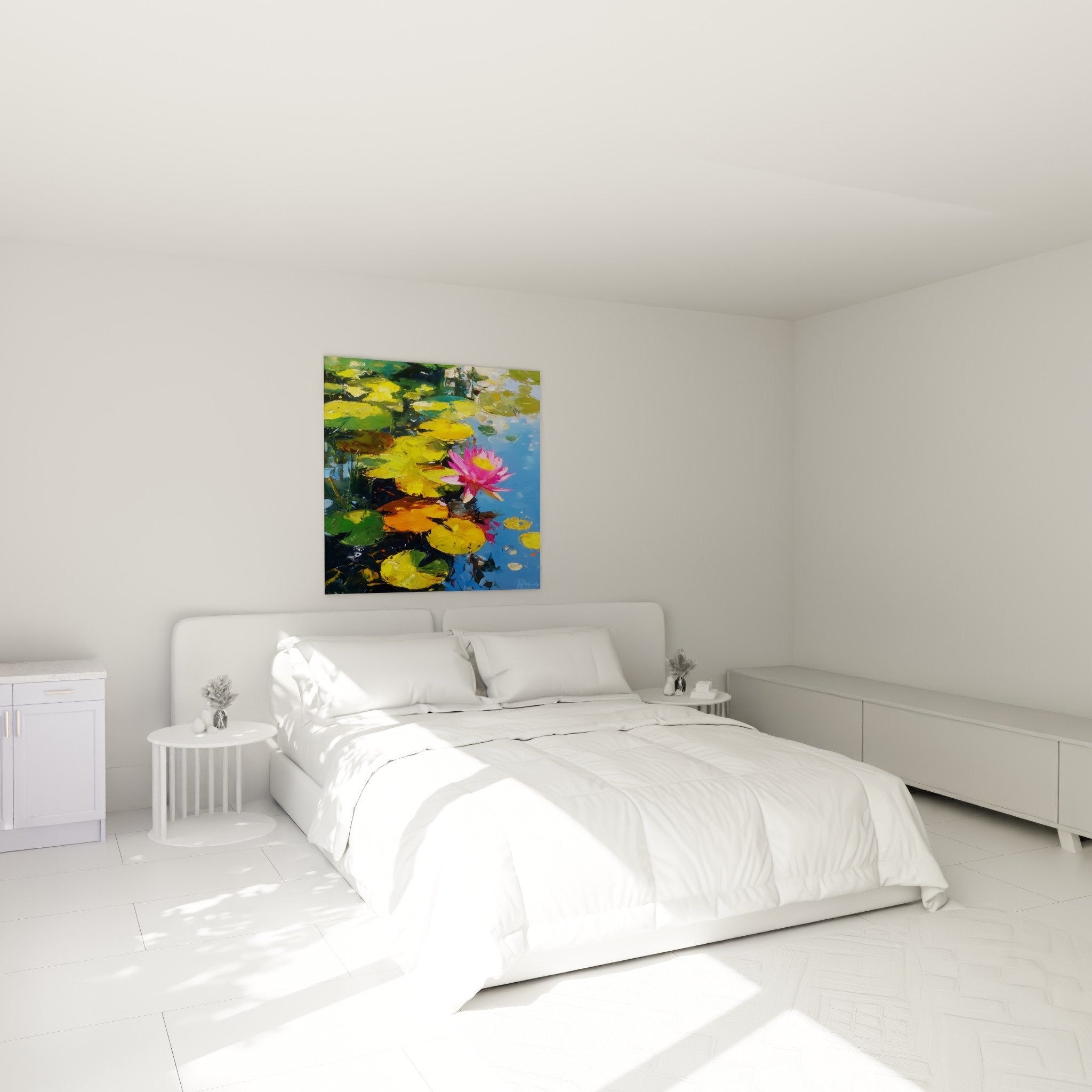 Décoration chambre tableau nénuphars lotus rose ambiance zen relaxation nature aquatique murale