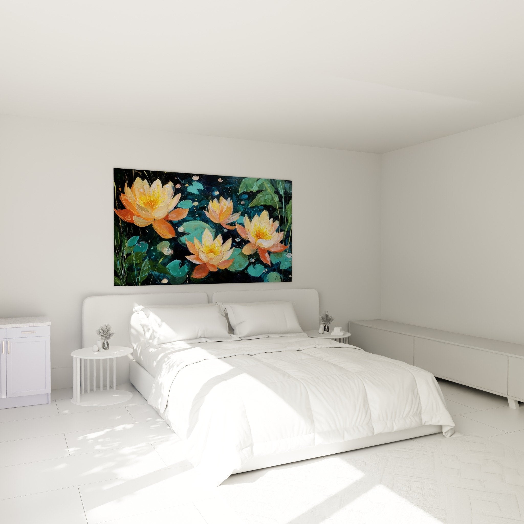 Décoration murale nénuphars oranges dans chambre moderne tableau floral apaisant art aquatique