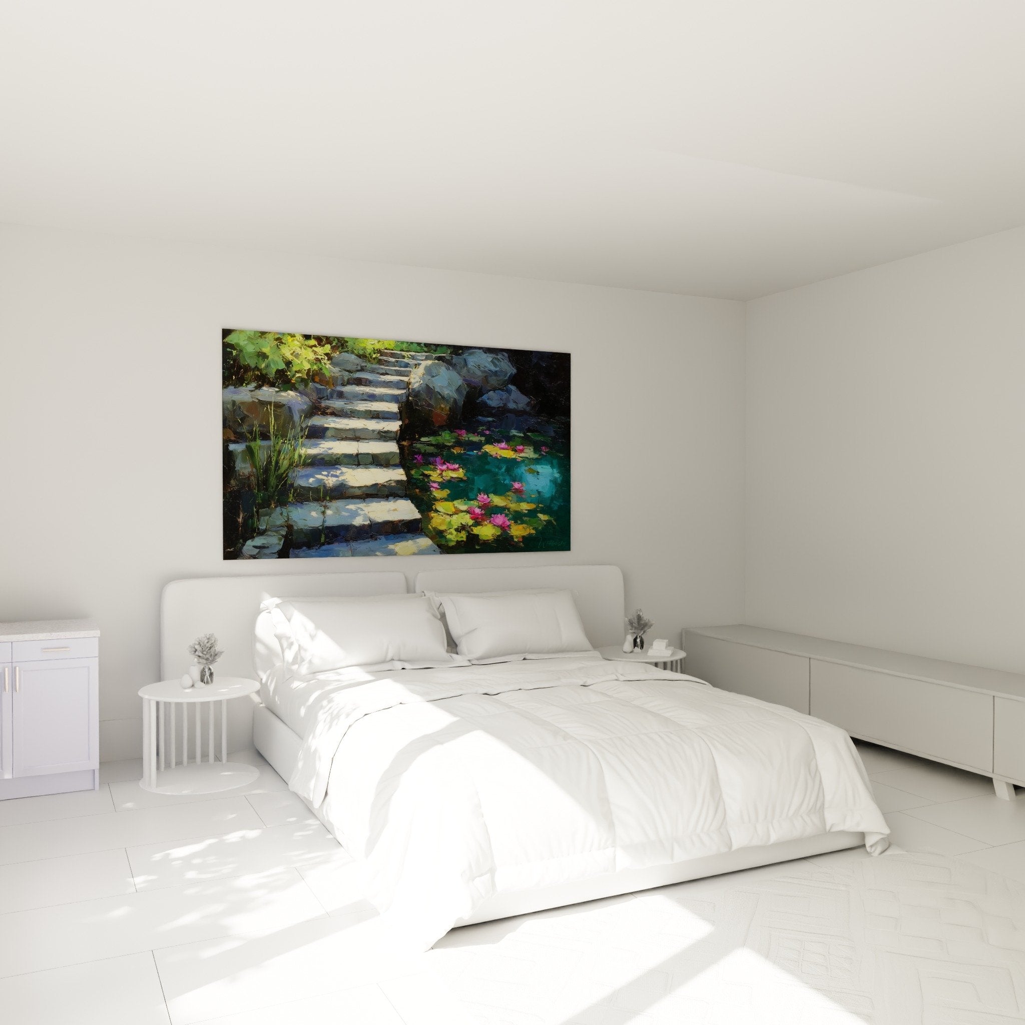 Décoration chambre tableau nénuphars roses bassin pierre ambiance zen apaisante Edition Nénuphare