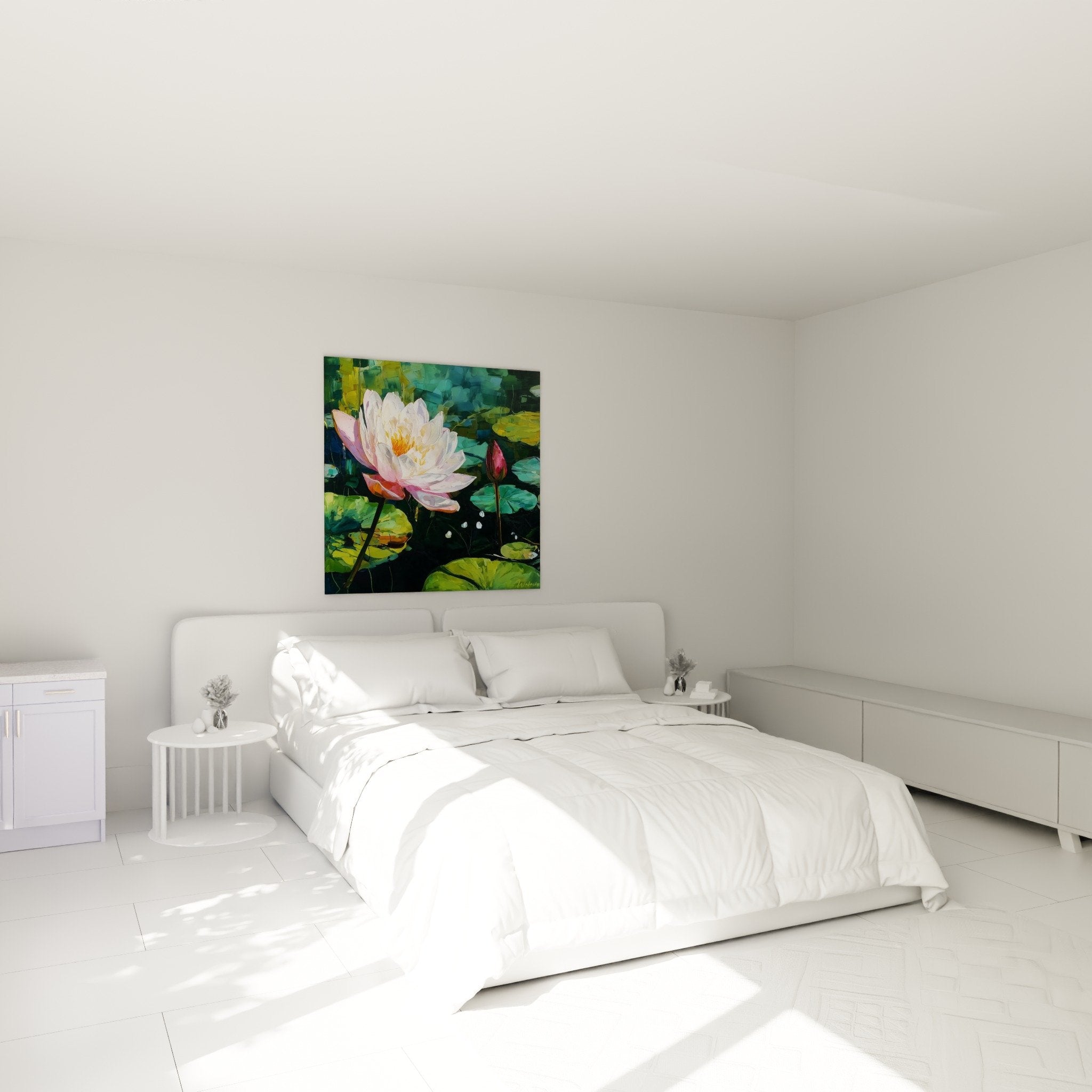 Déco chambre tableau nénuphars aquatique zen ambiance apaisante mur blanc mobilier naturel