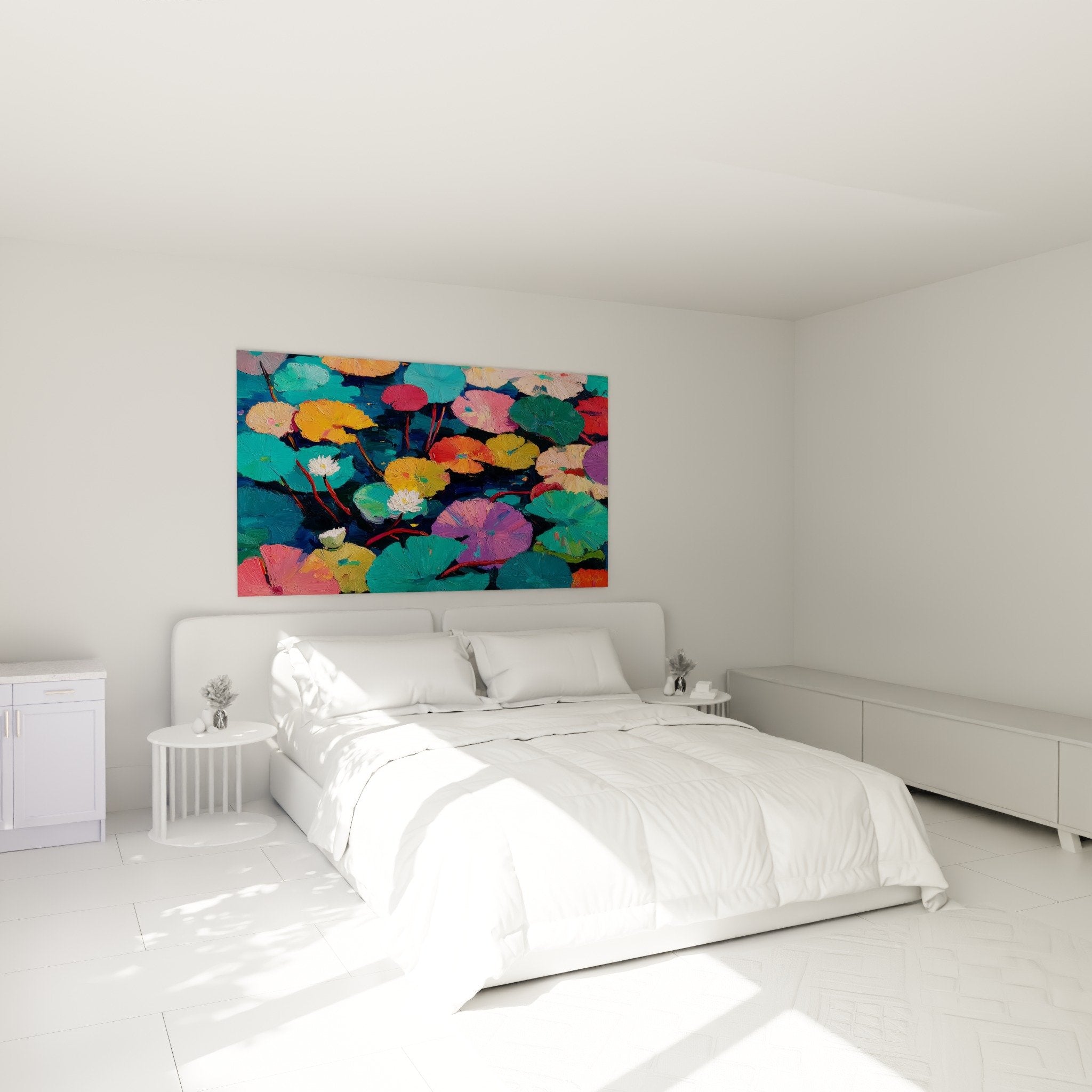 Décoration chambre tableau nymphéas colorés au mur tête de lit ambiance zen florale aquatique moderne