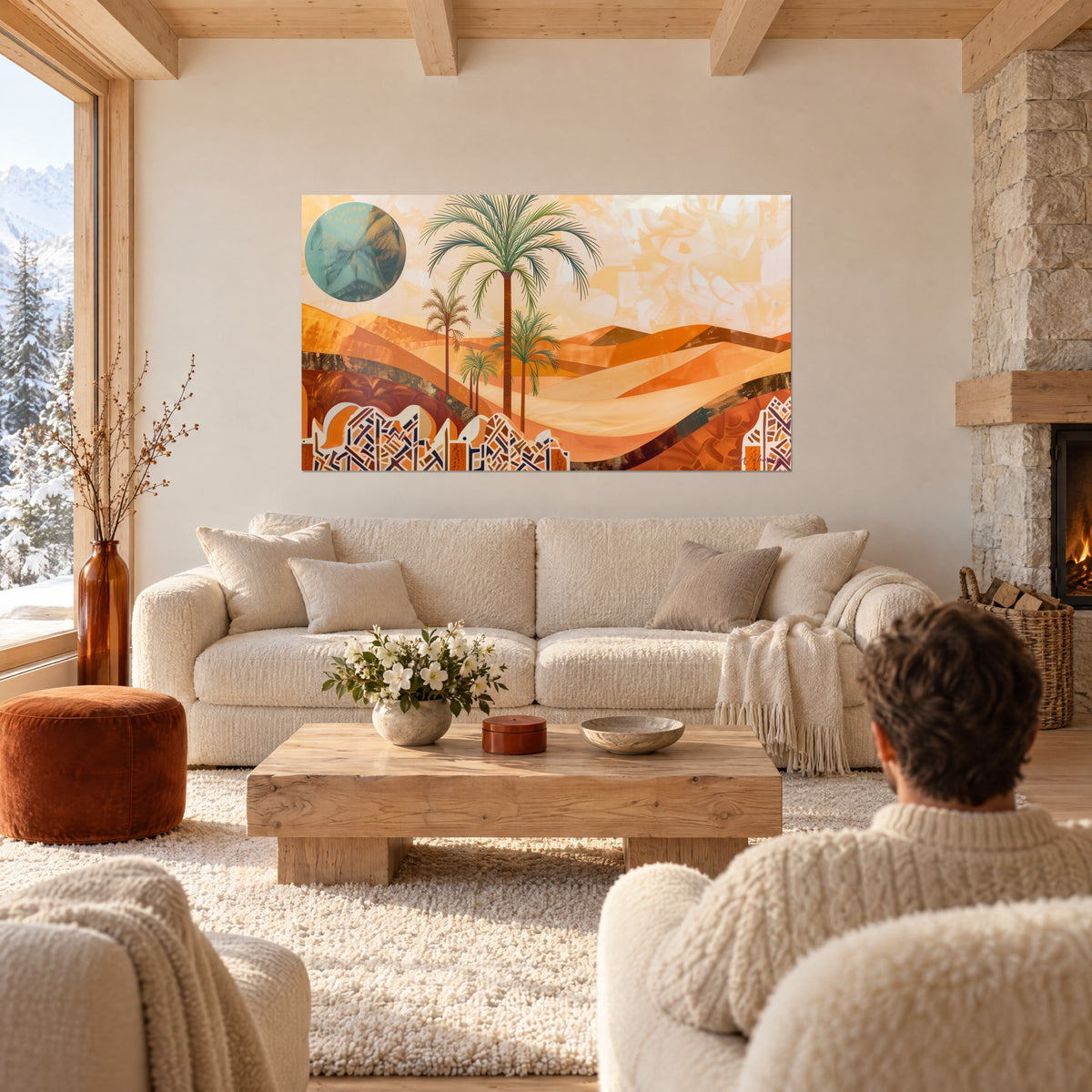 Quadro oasi del Sahara con palme verdi e dune arancioni, sole turchese, sopra un divano in un soggiorno luminoso