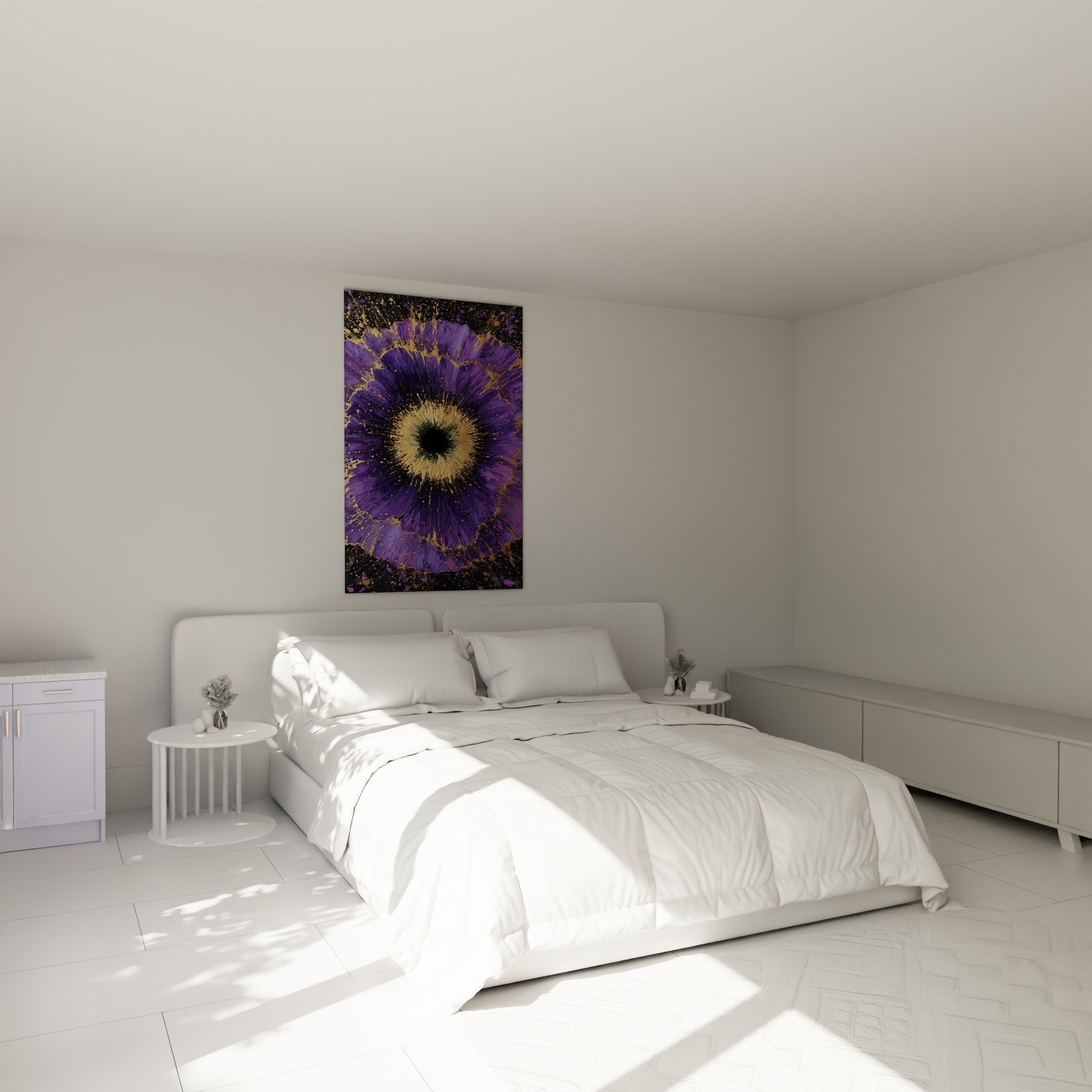 Purple and gold eye wall decoration in modern bedroom with zen feng shui southeast wood ambiance