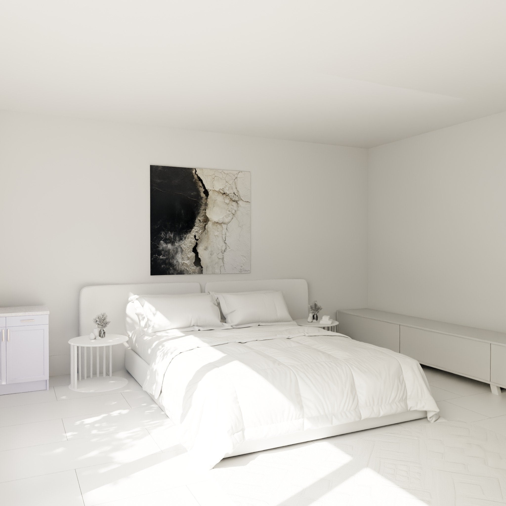 Œuvre abstraite fissurée noir et blanc dans chambre moderne minimaliste décoration feng shui secteur métal