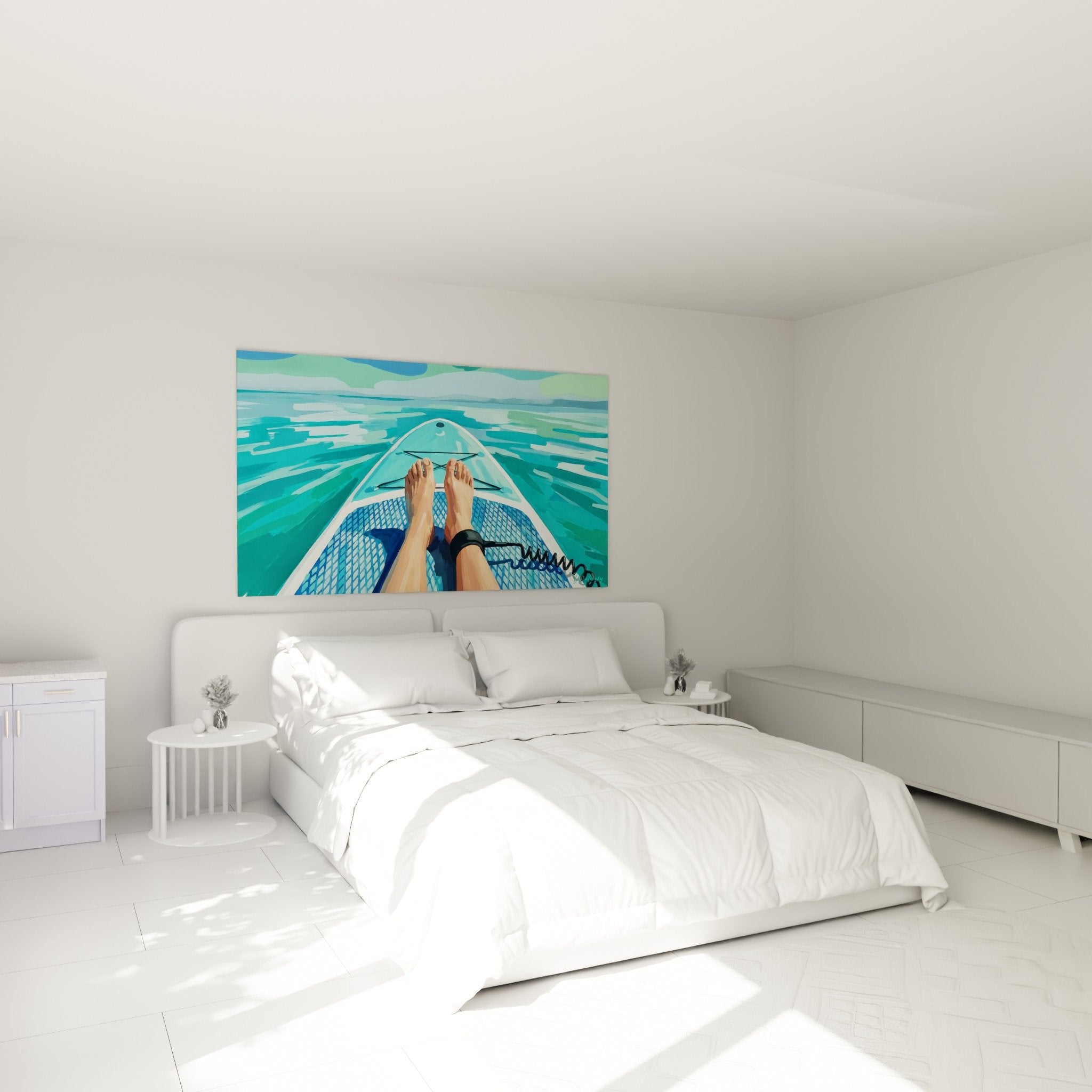 Décoration murale paddle chambre ambiance marine turquoise planche eaux cristallines apaisante