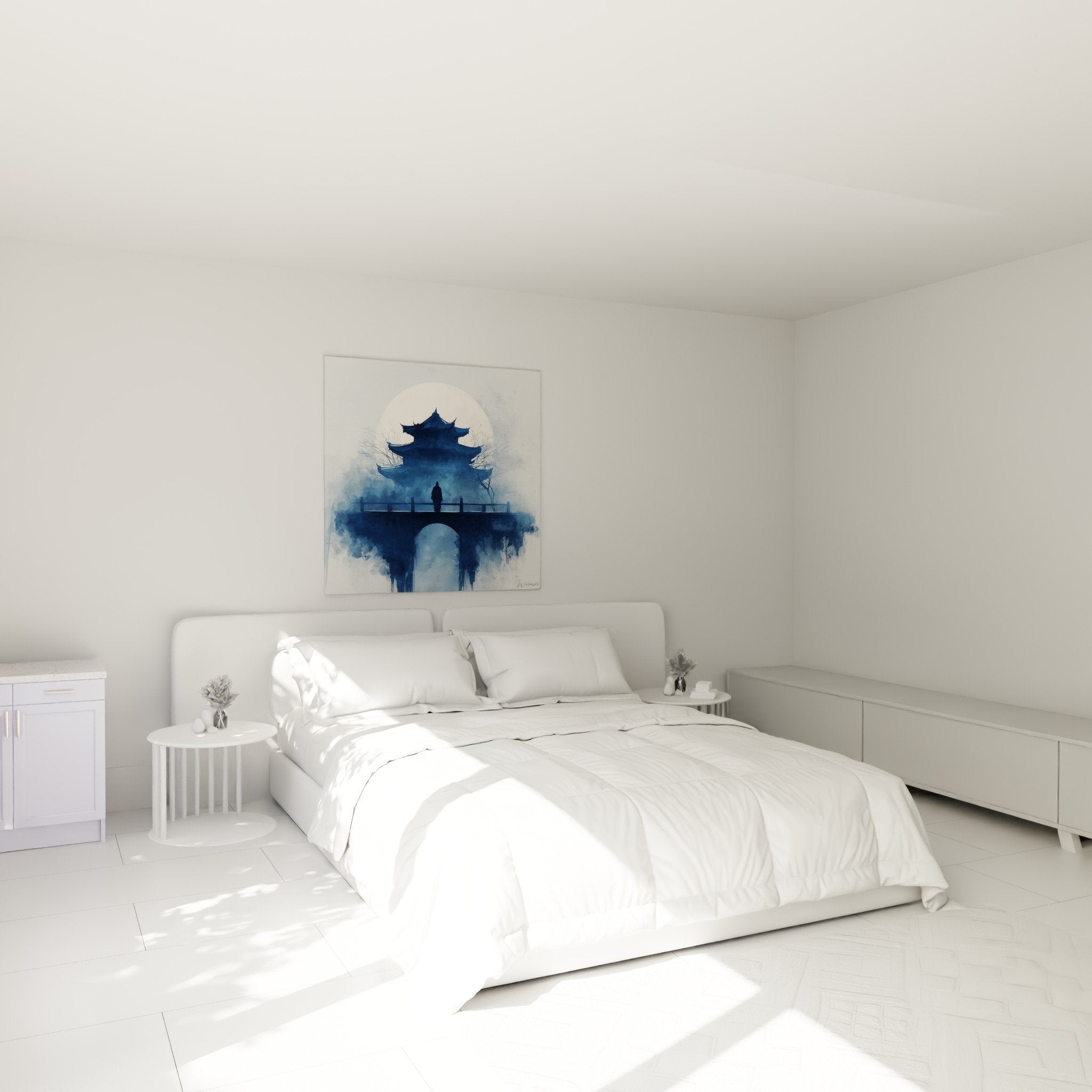Decoration murale pagode bleue dans chambre ambiance zen silhouette pont lune aquarelle art oriental apaisant