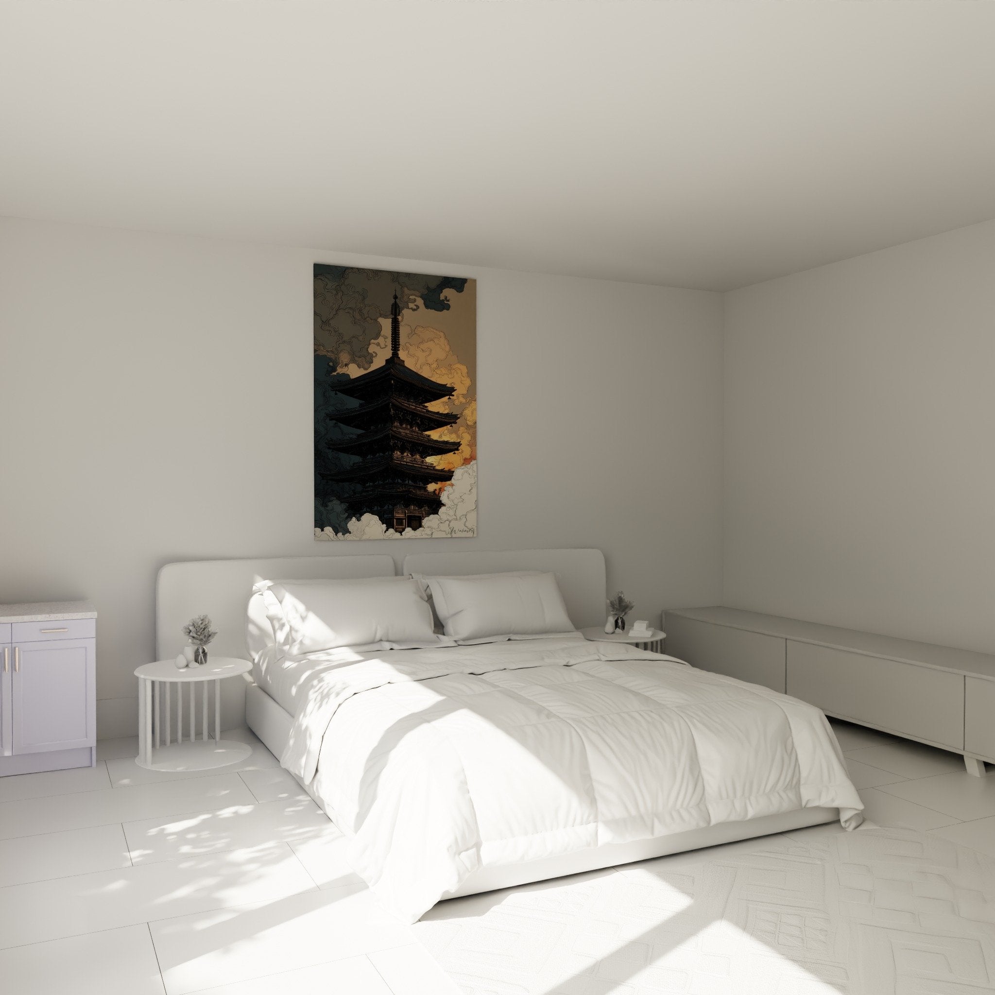 Decoration murale pagode japonaise chambre ambiance zen nuages cuivrés tableau oriental apaisant