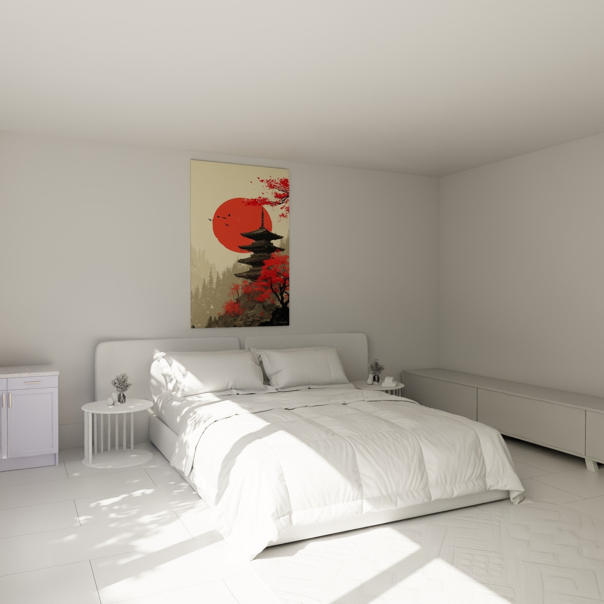 Japanese pagoda wall art red sun bedroom decoration zen atmosphere cherry blossoms pink