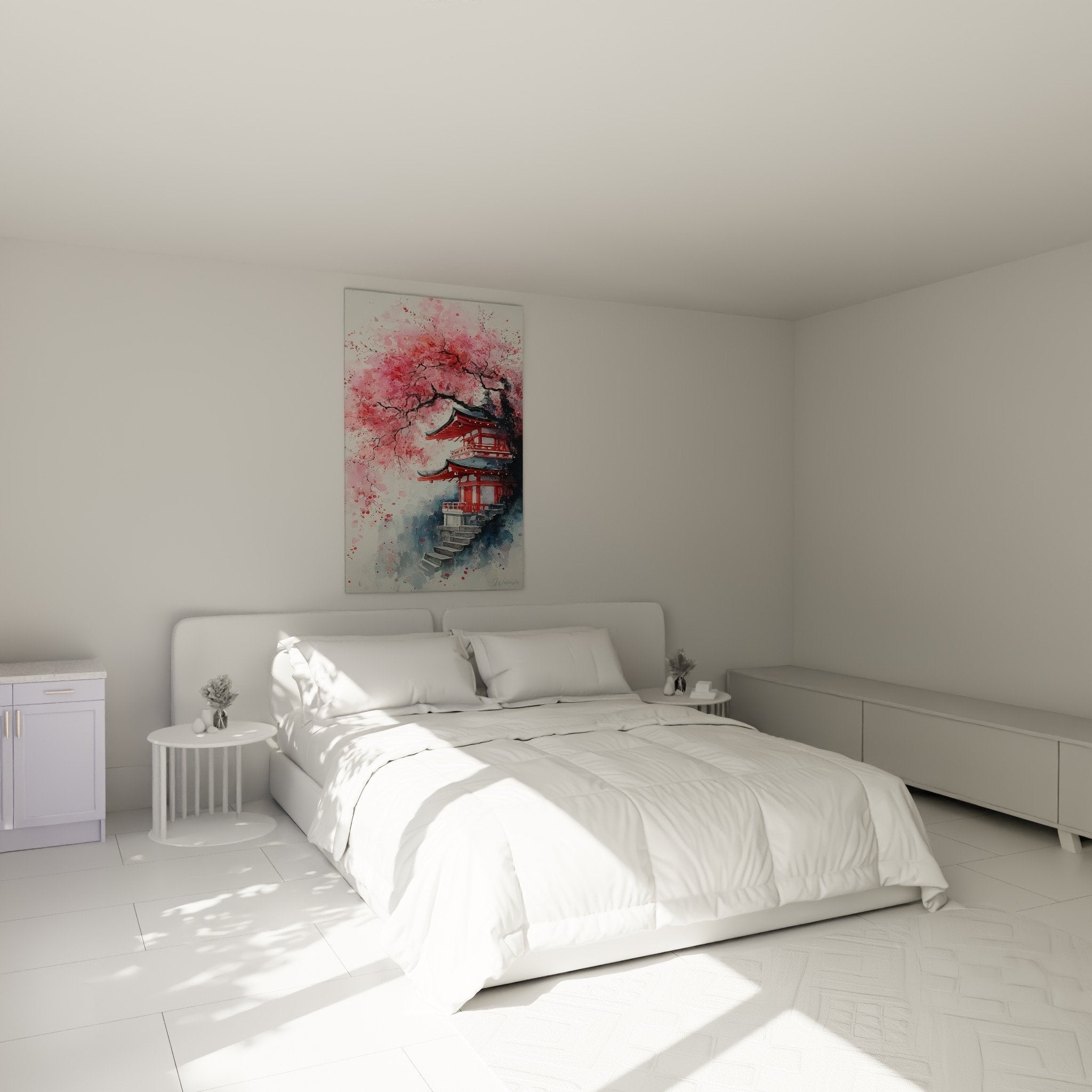 Bedroom wall decor red pagoda painting pink cherry blossoms Japanese zen atmosphere watercolor mural calming